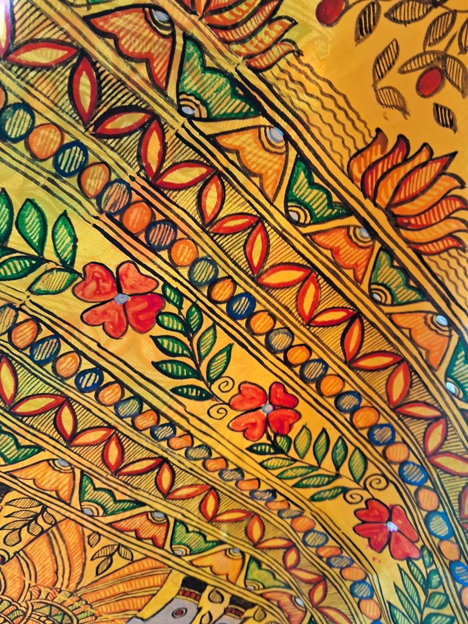 Yellow 100% Silk Hand-painted Madhubani Art Dupatta Featuring Radha Krishna Ras With Animal Cow Nature Forest Floral Designs Gift for her