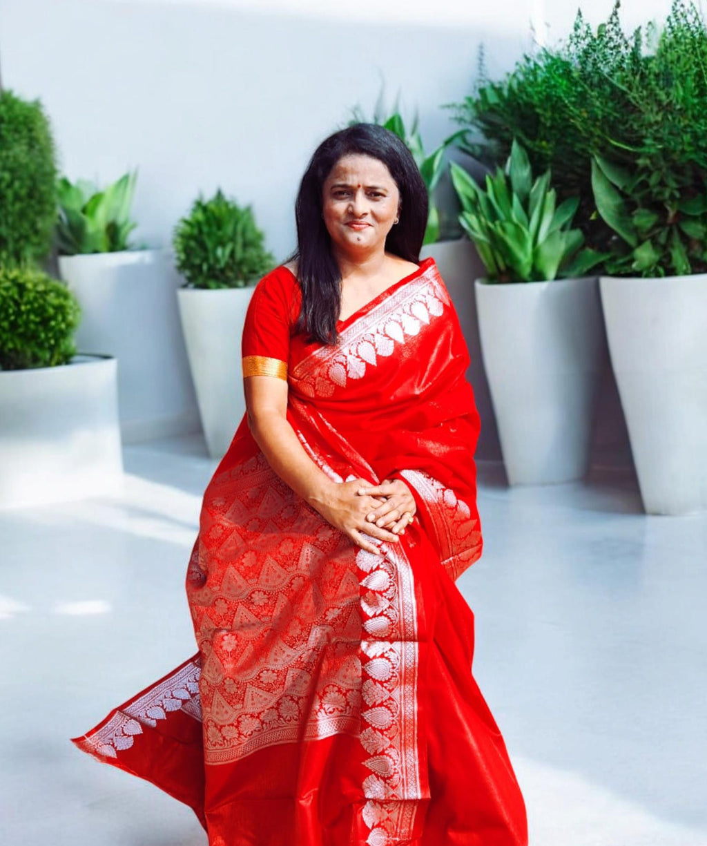 Red Satin Banarasi Saree With Unstitched Red Satin Blouse Silver Zari Work Banarasi Saree Red Saree Bollywood Gift For Her Indian Saree