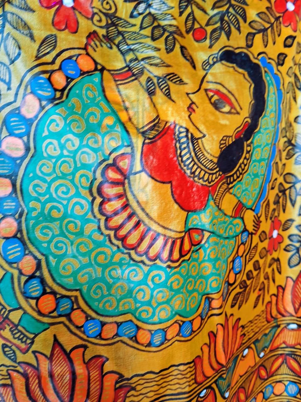 Yellow 100% Silk Hand-painted Madhubani Art Dupatta Featuring Radha Krishna Ras With Animal Cow Nature Forest Floral Designs Gift for her