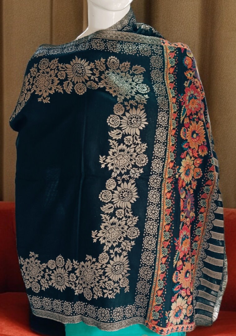 100% Pure Pashmina Cashmere Black Scarf/Shawl/Dupatta Multicolour Golden Handwoven Lightweight Soft touch Bollywood Bohemian Florals