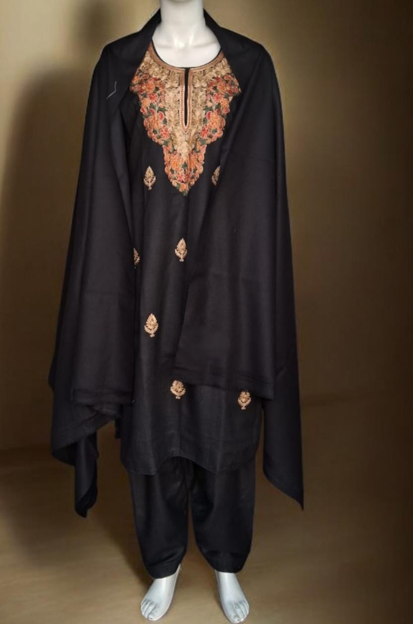 A Set of 3 Pieces Black Cashmere Floral Embroidered Salwar Black cashmere Semi Patiala Black Shawl Handcrafted Winter Outfit Stitched Suit