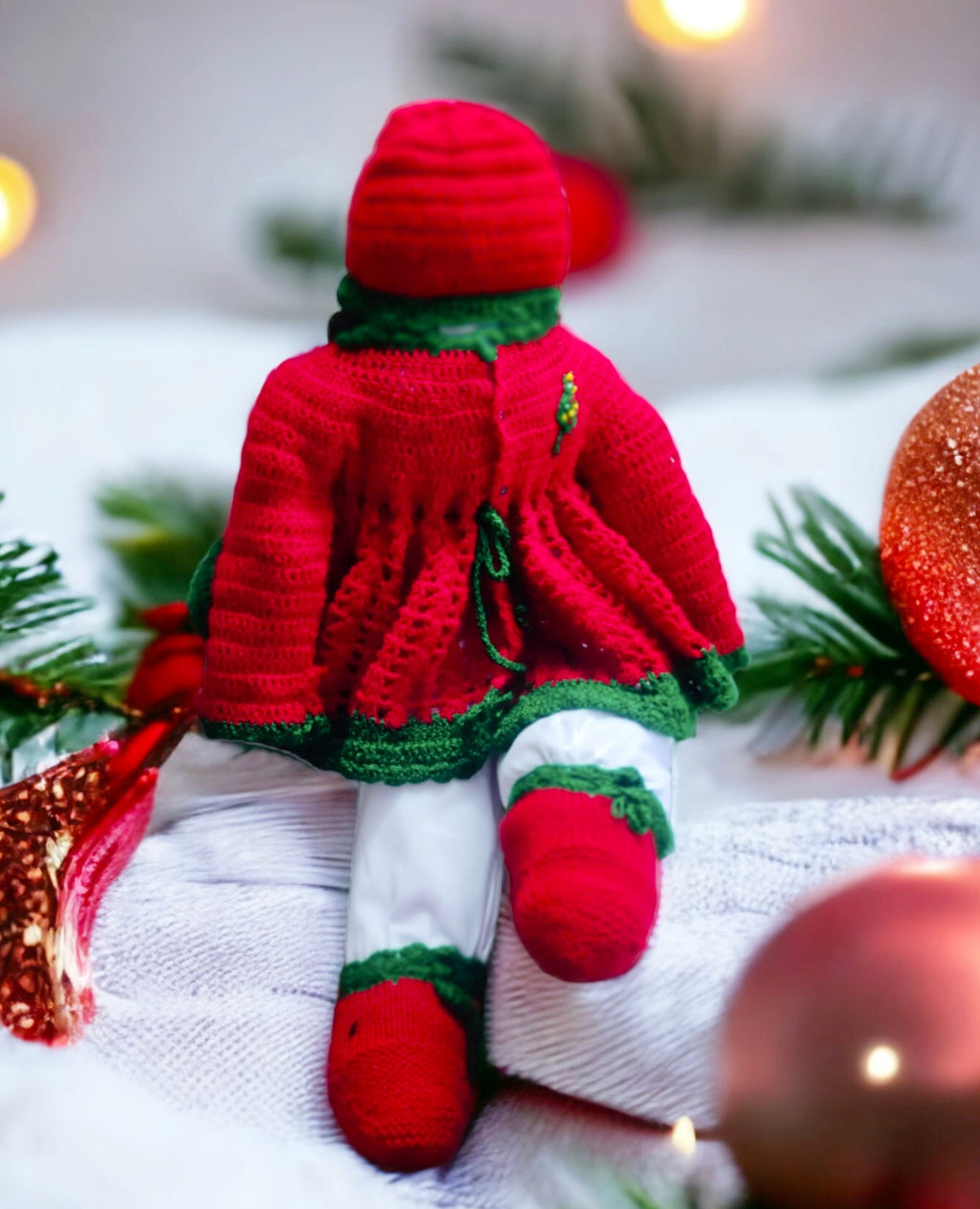 Handmade Woollen Red Green Crochet Dress For kids With Woollen Matching Beanie/Cap And Woollen Shoes Christmas Dress Christmas Party Winter