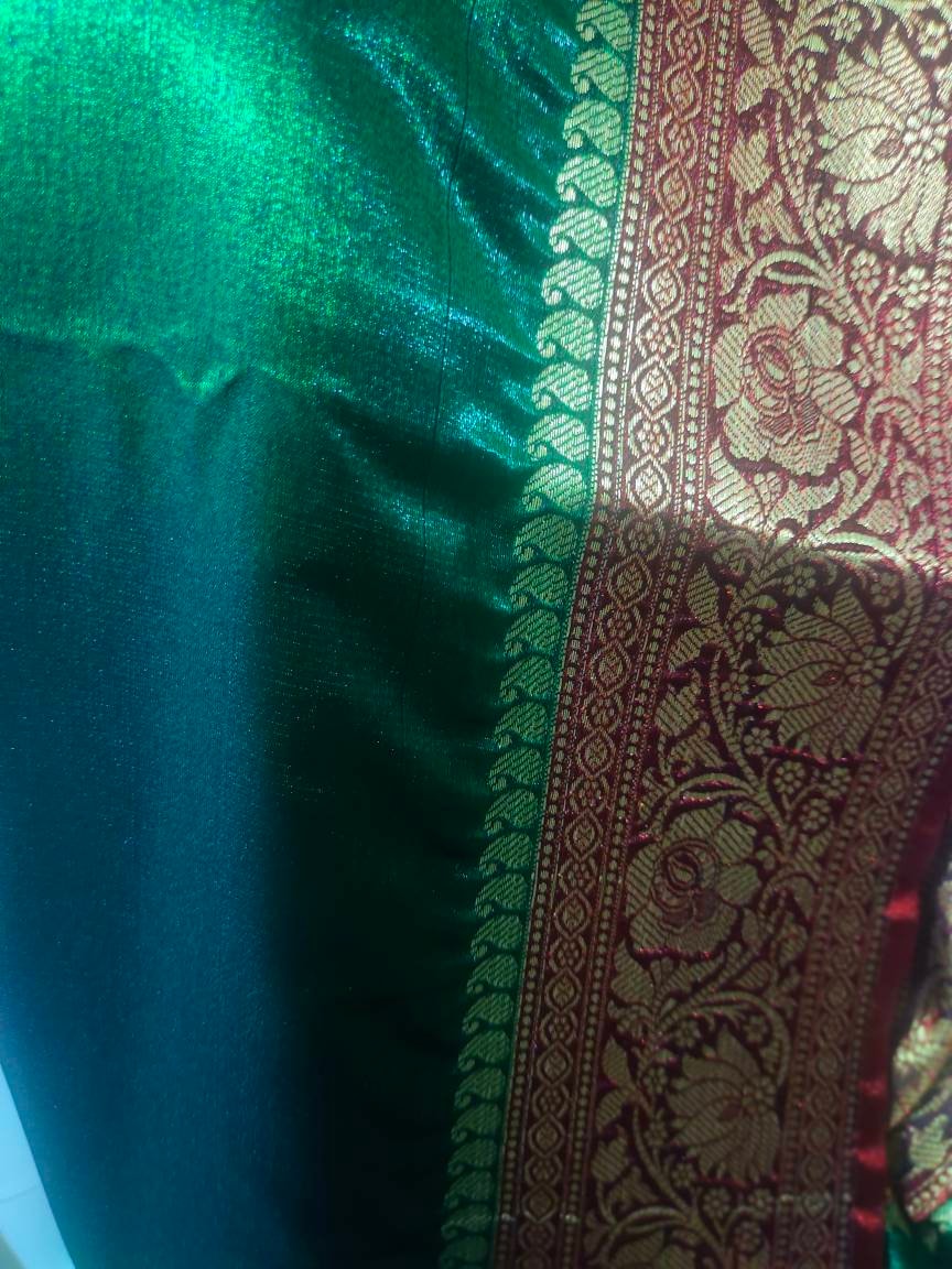 Dark green and Dark red satin silk saree with banarasi border and red unstiched blouse and green cotton peticoat Bollywood modern festivals
