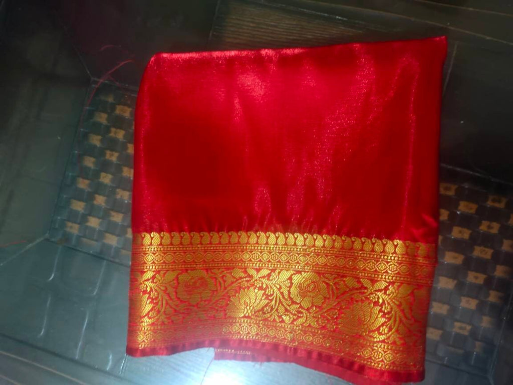 Dark green and Dark red satin silk saree with banarasi border and red unstiched blouse and green cotton peticoat Bollywood modern festivals