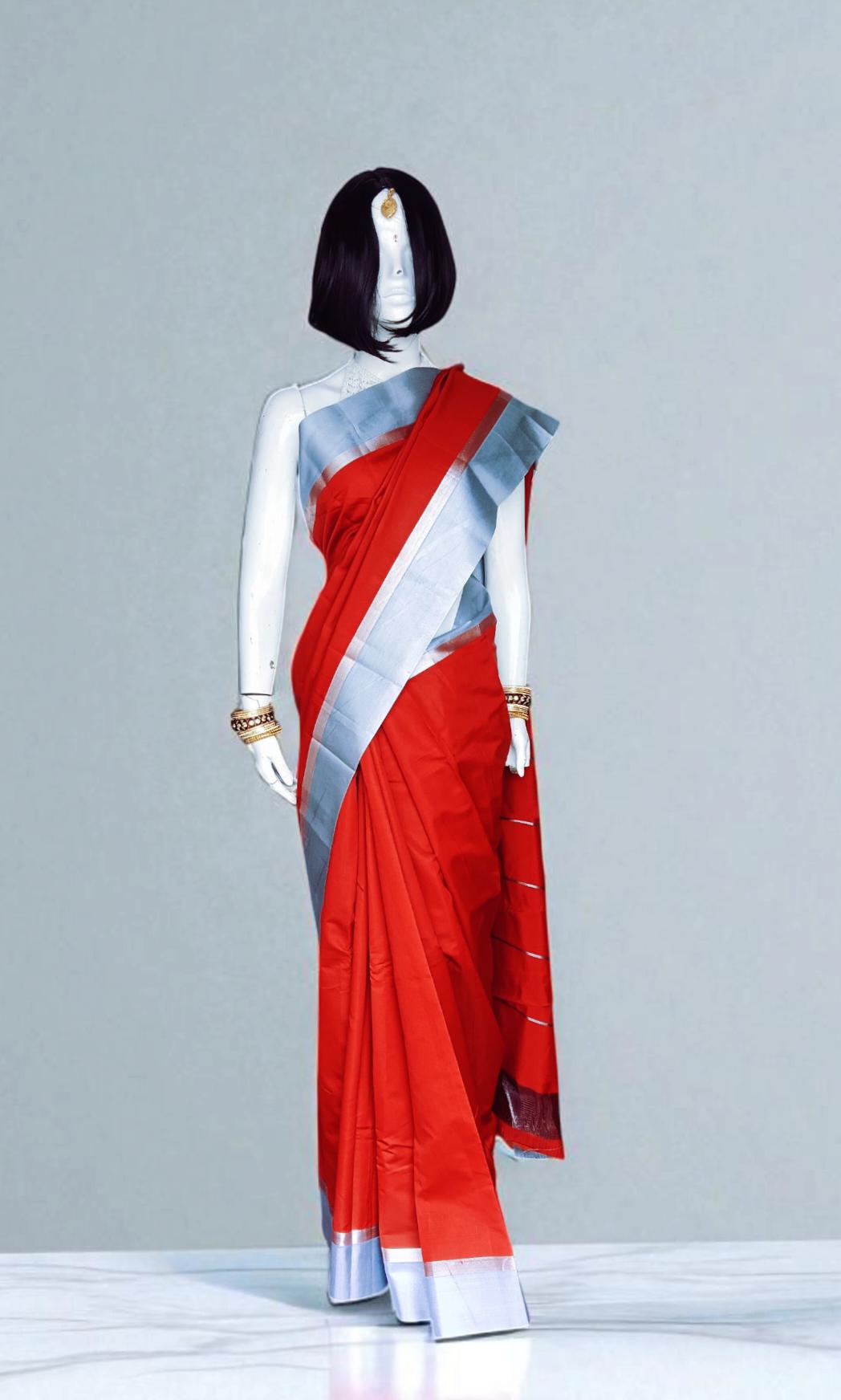 Red Silk Silver Zari Border Saree Unstitched Silver Silk Blouse Bollywood Daily Wear Party Wear Bengali Bohemian Vintage Sleek Relaxed Glam