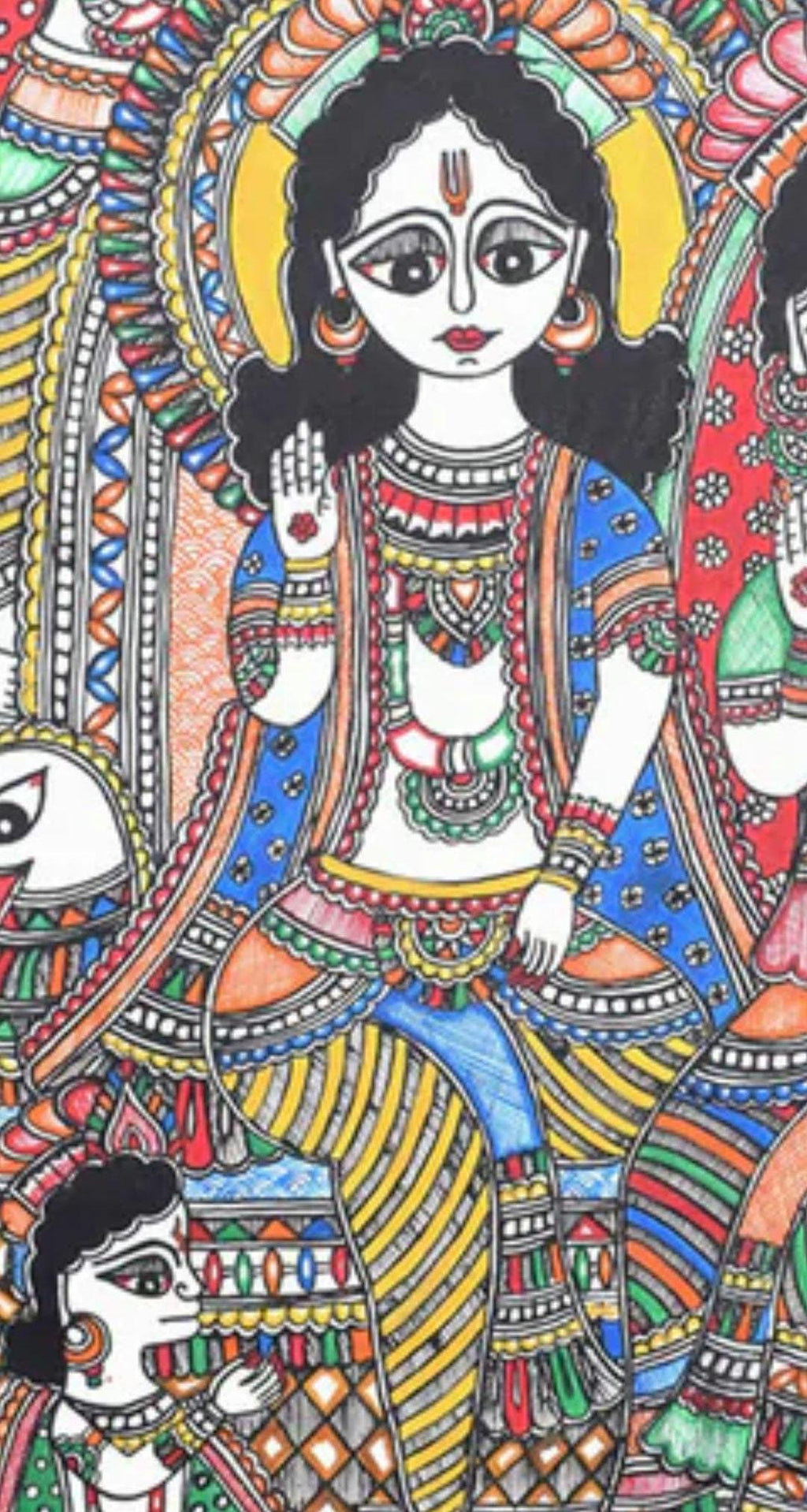 Mithila Madhubani Handpainted Wall Painting Wall Decor Featuring Ram Darbar Design With Brown Wooden Frame Canvas Painting Beautiful Paint