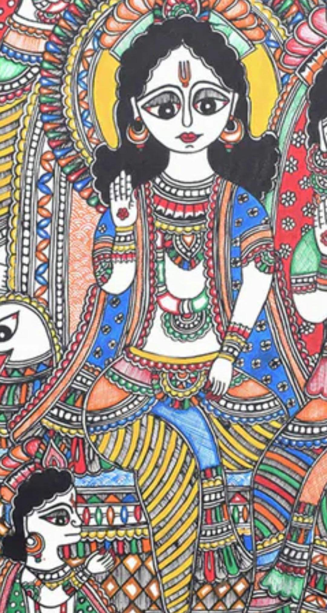 Mithila Madhubani Handpainted Wall Painting Wall Decor Featuring Ram Darbar Design With Brown Wooden Frame Canvas Painting Beautiful Paint