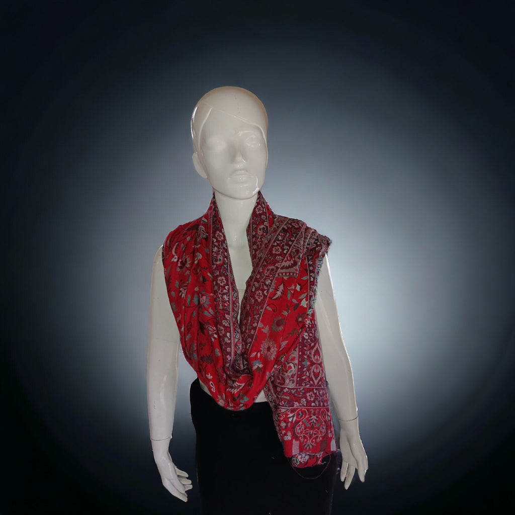 Red Floral Embroidered cashmere Pashmina Handwoven Shawl/Scarf Luxurious Soft Touch Vintage Winter Outfit Lightweight Designer Neck Warmer