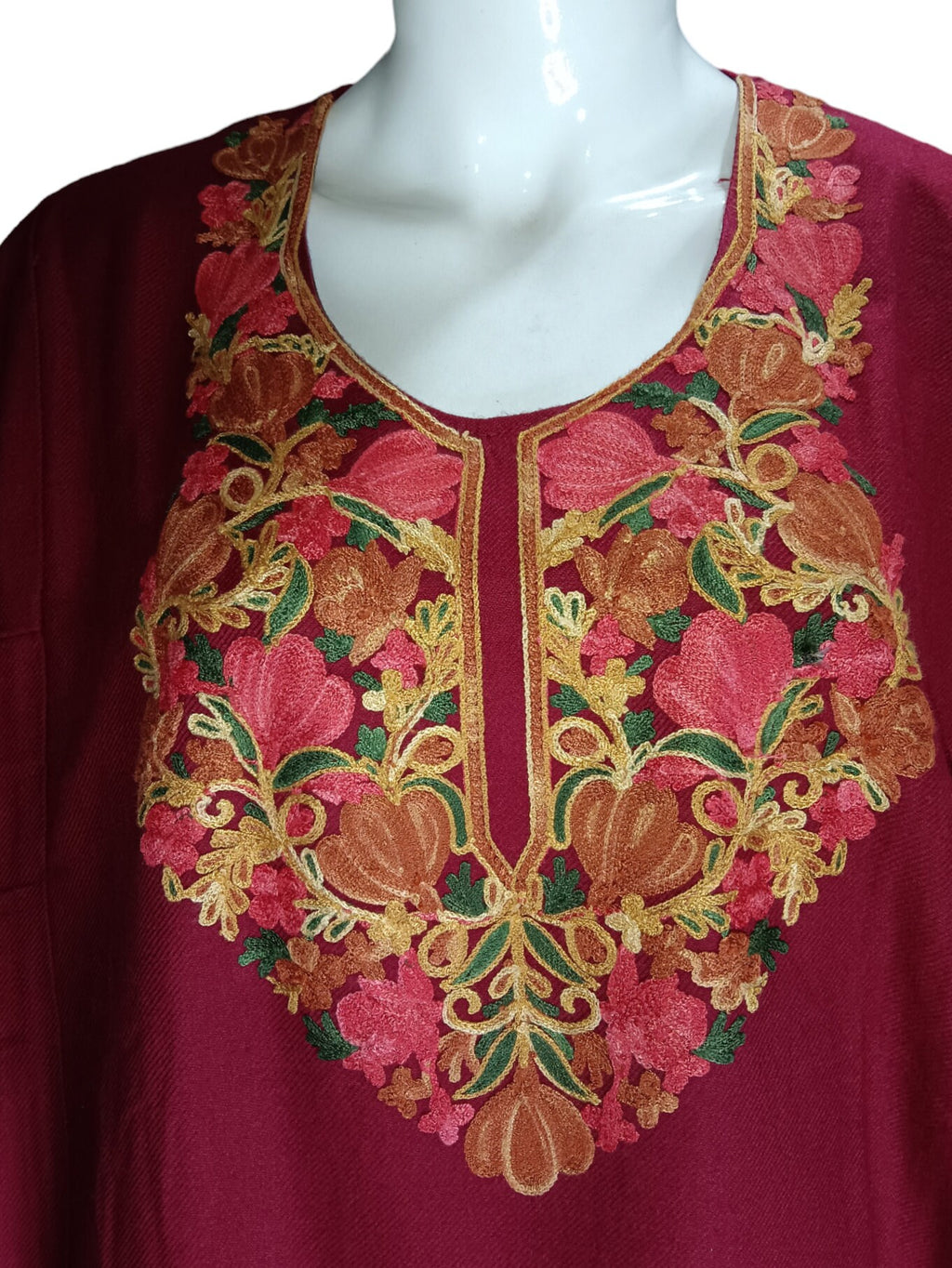 Set Of 3 Red Floral Embroidered 100% Pure Kashmiri Woollen Kurta Green Woollen Pant Black Kashmiri Hand Woven Shawl Embroidered Winter