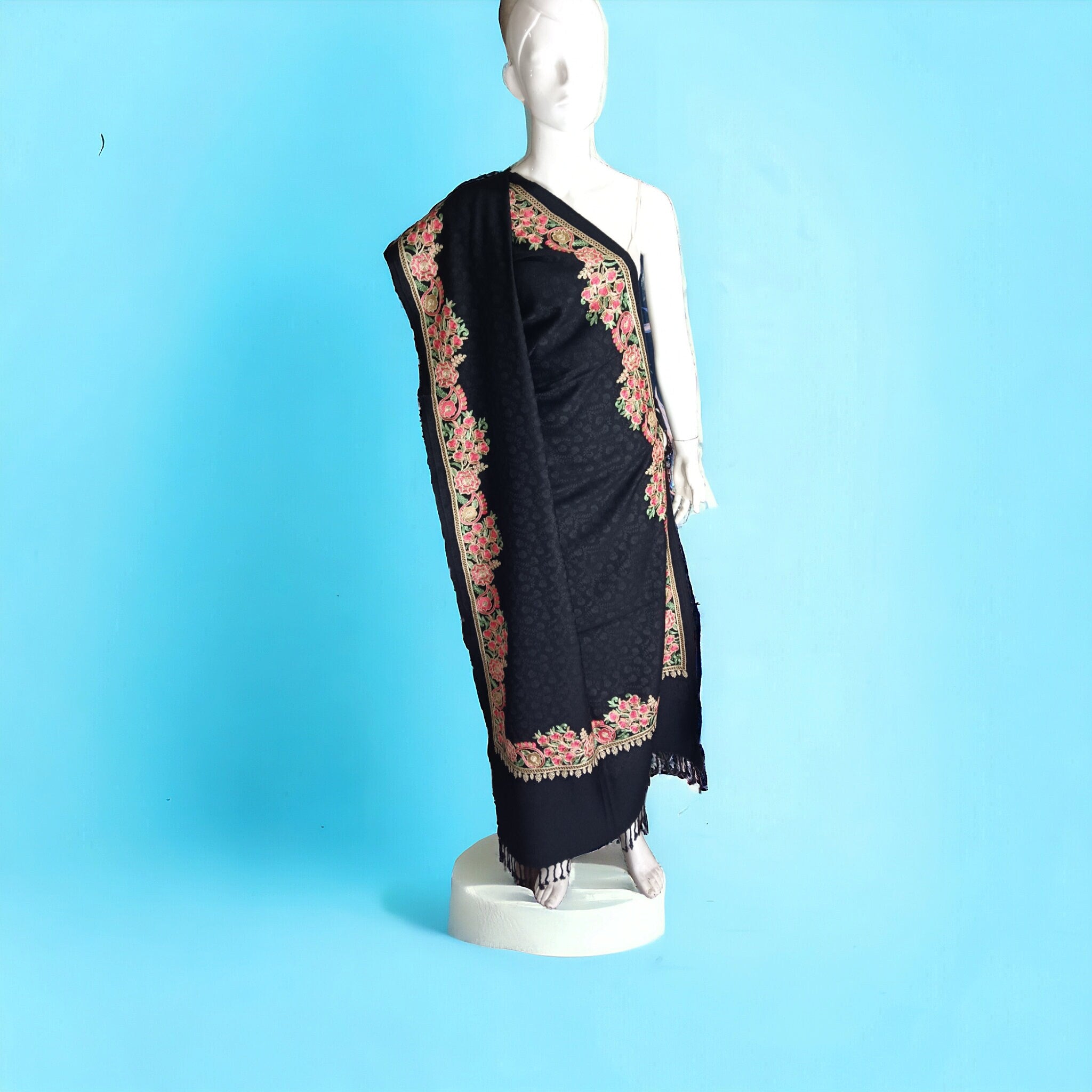 Black Floral Embroidered Kashmiri Shawl Scarf Vintage Neck Warmer Shoulder Warmer kashmiri Stole Bohemian Cottagecore Winter Outfit