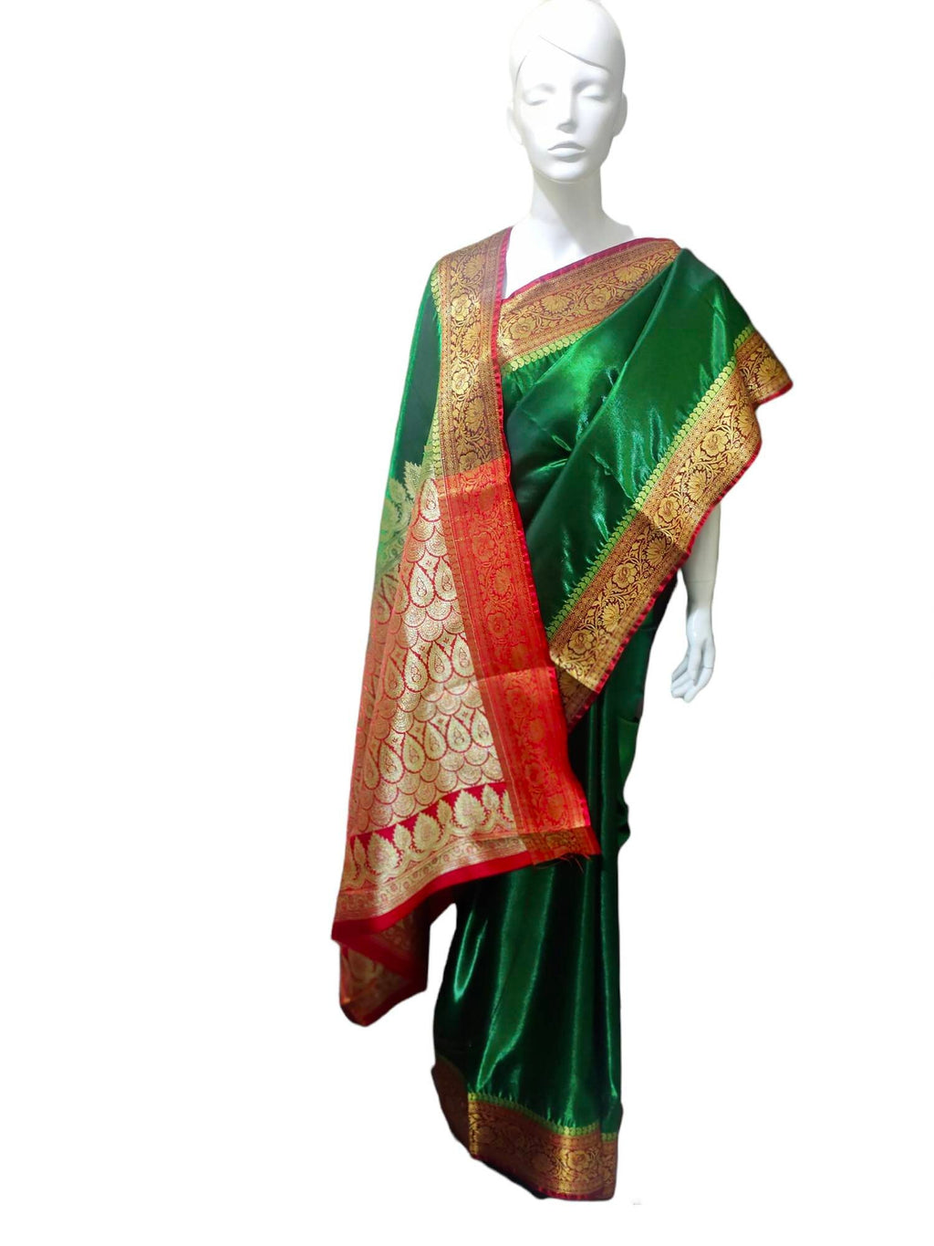Dark green and Dark red satin silk saree with banarasi border and red unstiched blouse and green cotton peticoat Bollywood modern festivals