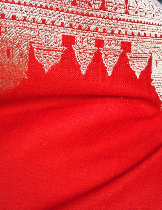 Red Pashmina Cashmere Shawl Features Golden Zari Work Bordered Monument Design Perfect For Christmas Gift For Them Winter Outfit Luxurious