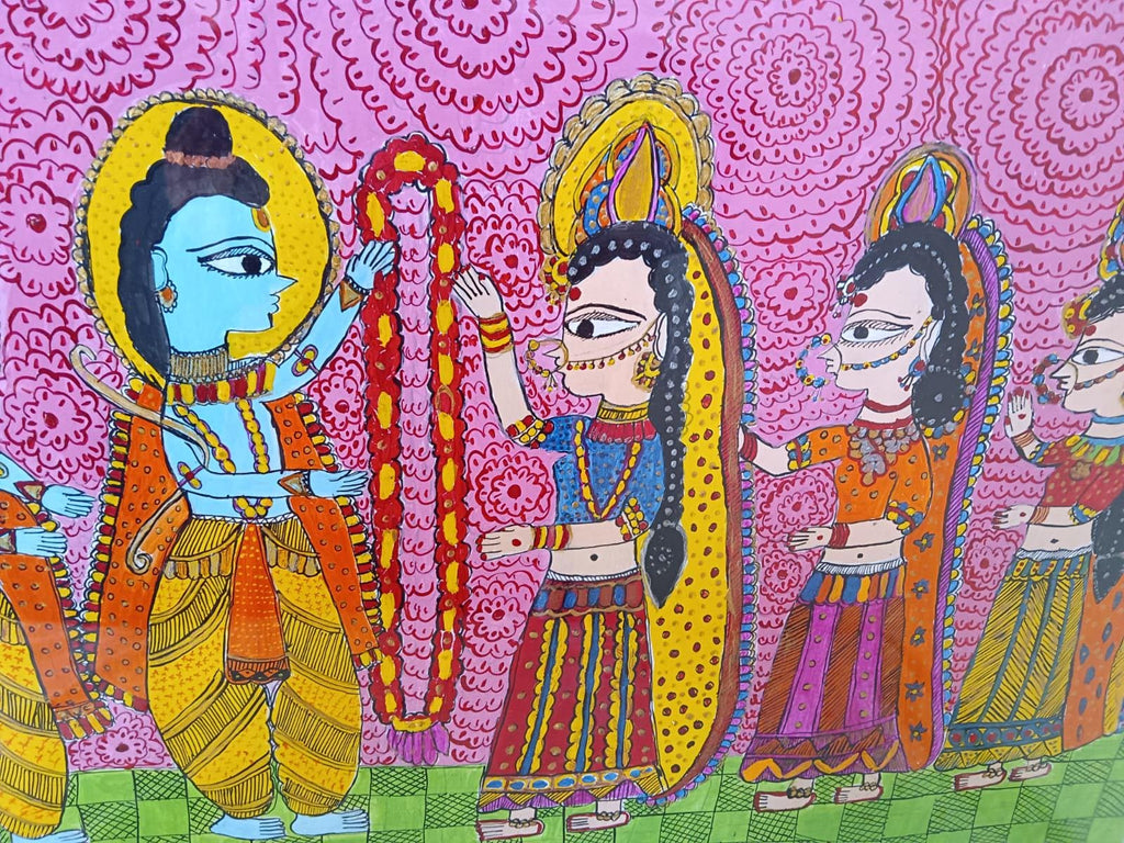 Handmade Madhubani Painting of Lord Ram and Sita Swayamvar Traditional Indian Folk Art Vibrant Cultural Wall Décor Framed Orginal Artwork