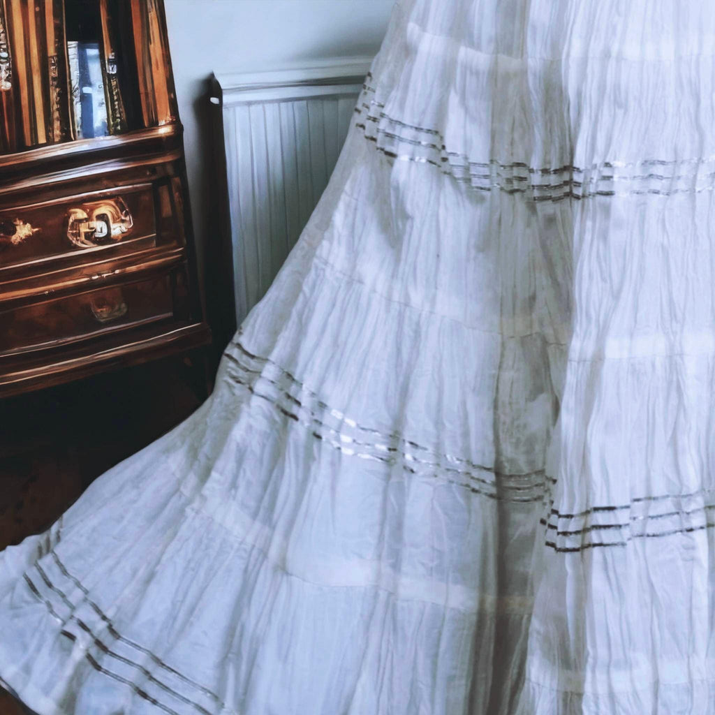 White Pure Cotton Full Length Skirt  White and Sliver Gottapatti Work Cottan Midi White Denim Shirt women Ethnic Flared Skirt Printed A Line