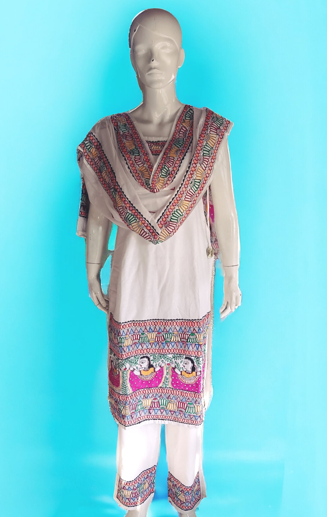 Set of 3 White Pure Cotton Multicolored Hand Painted Madhubani Paint kurta Pant Dupatta Featuring Floral Doll Design Pattern Wedding Indian