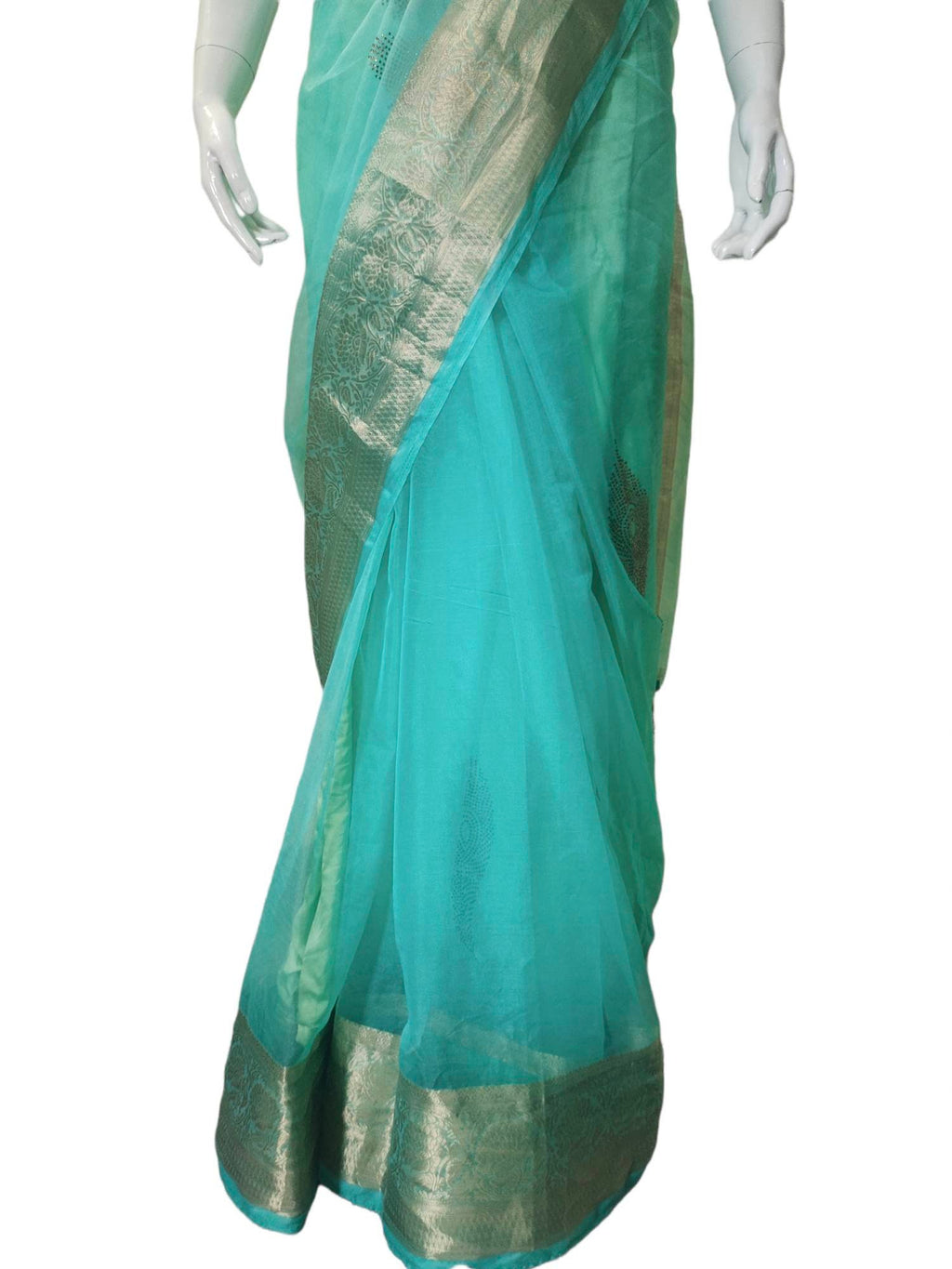 Sea green organza saree banarasi golden border golden sequence work satin blouse satin petticoat Bollywood festival designer Ethnic
