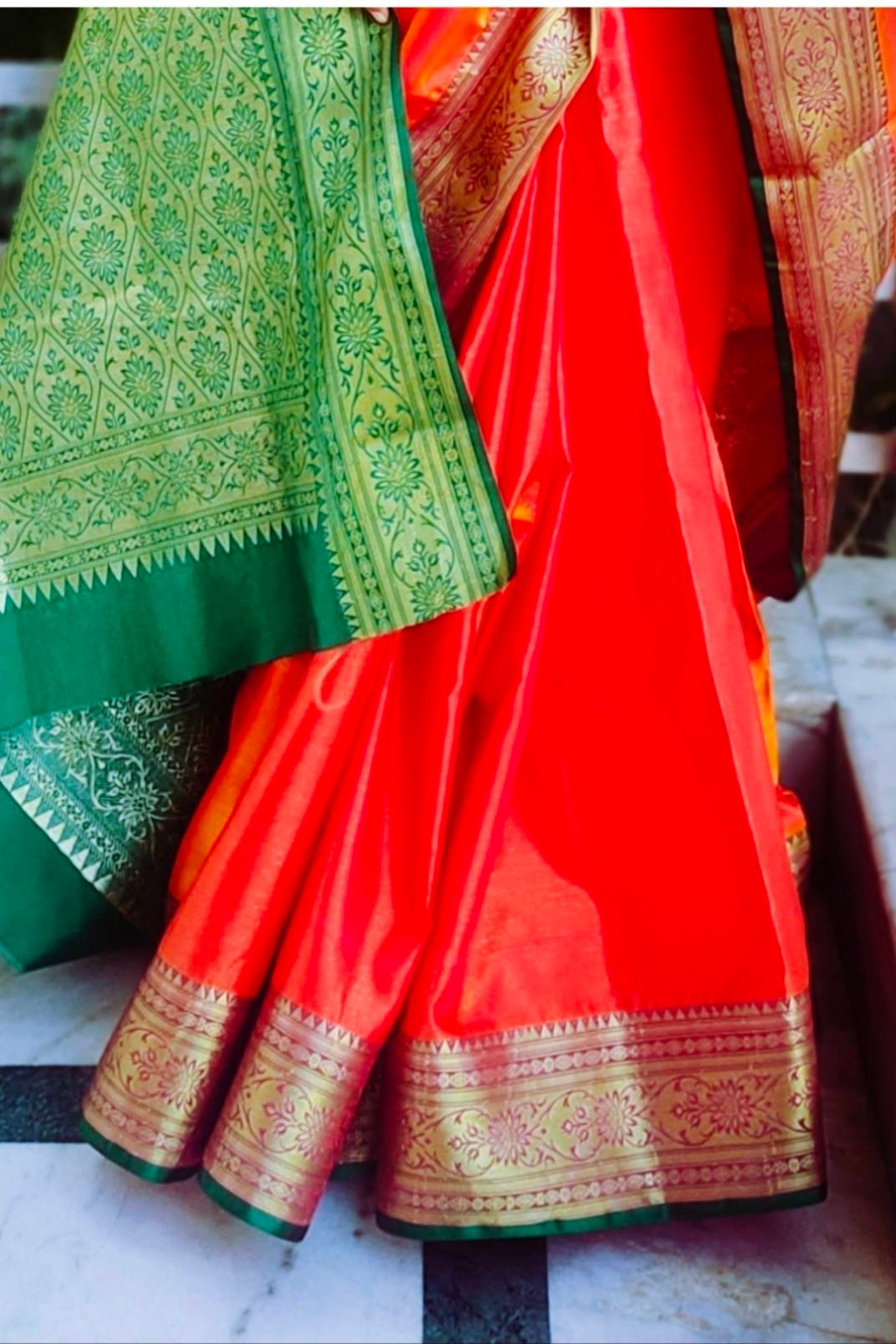 Orange Pink Green Silk Satin Saree Unstitched Green Blouse Zari Border Bollywood Banarasi Wedding Vintage Indian Ethnic Daily Wear Party