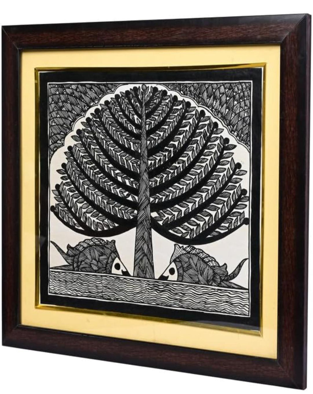 Mithila Madhubani Handpainted Black And White Wall Painting Wall Decor Featuring Nature Design Beige Brown Wooden Frame Canvas Paintaing