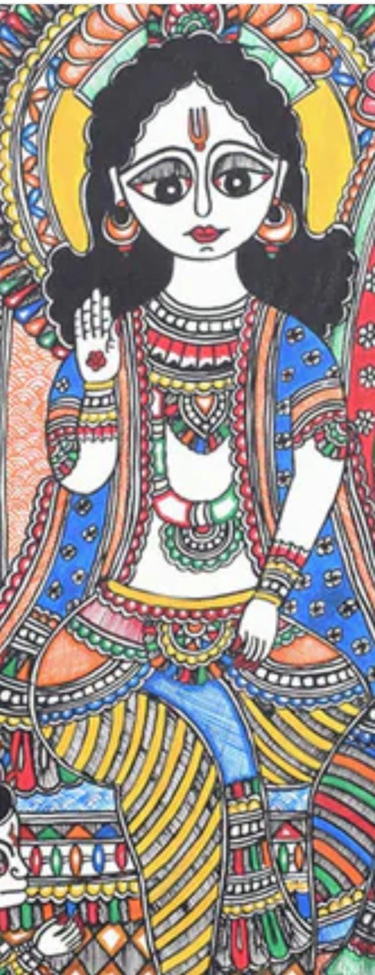 Mithila Madhubani Handpainted Wall Painting Wall Decor Featuring Ram Darbar Design With Brown Wooden Frame Canvas Painting Beautiful Paint