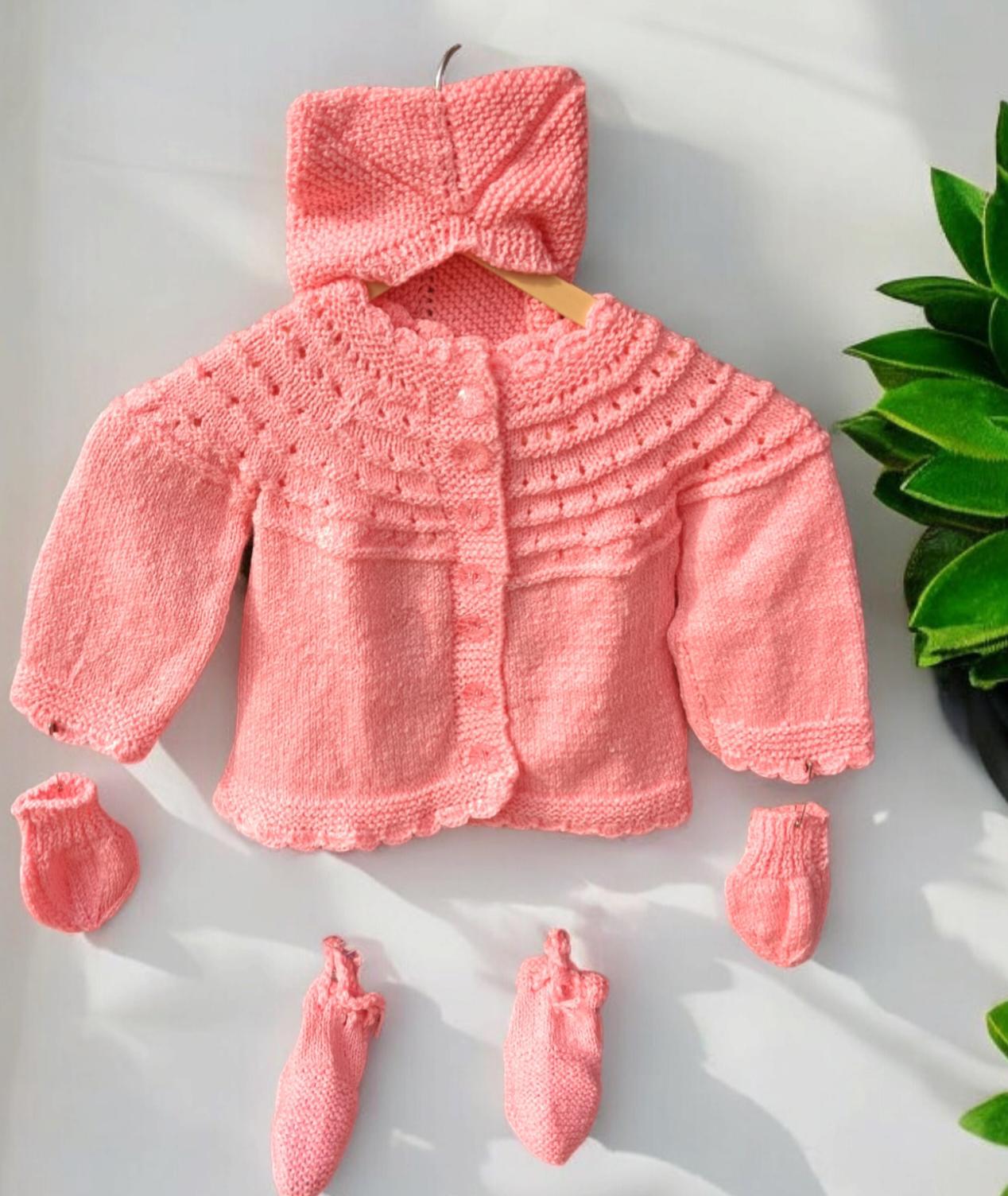 Set of 4 Baby Pink Casual Handmade Woollen Buttoned Sweater, Cap/Beanies, Shoes and Mittens Winter Outfit Comfortable Sweater Soft Sweater