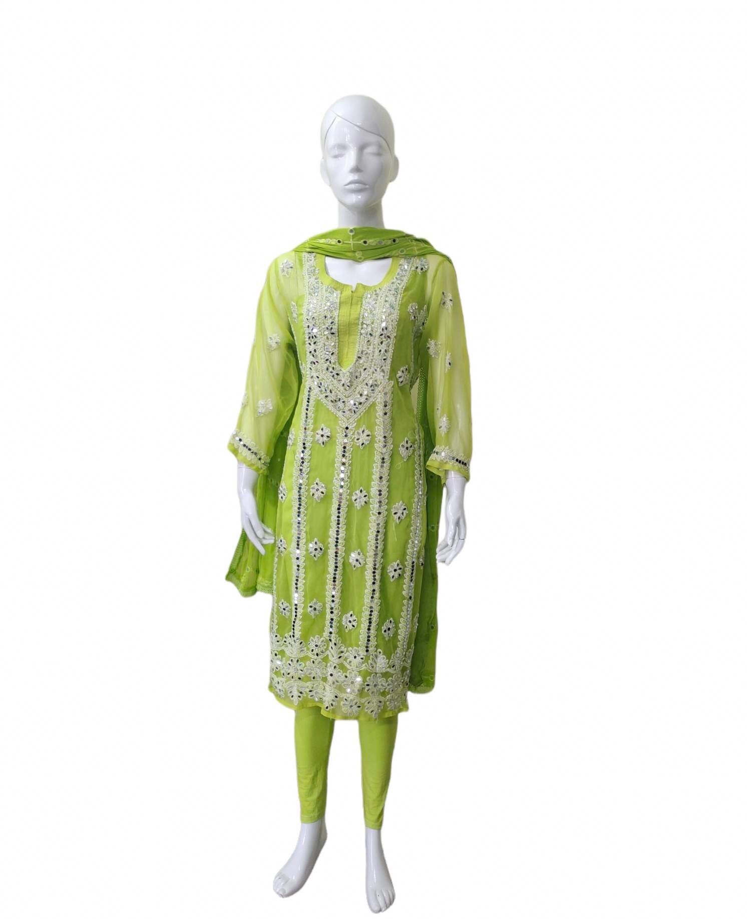 Neon green salwar kameez suit Chiffon chikankari glass work party wear festivals white thread work mirror work