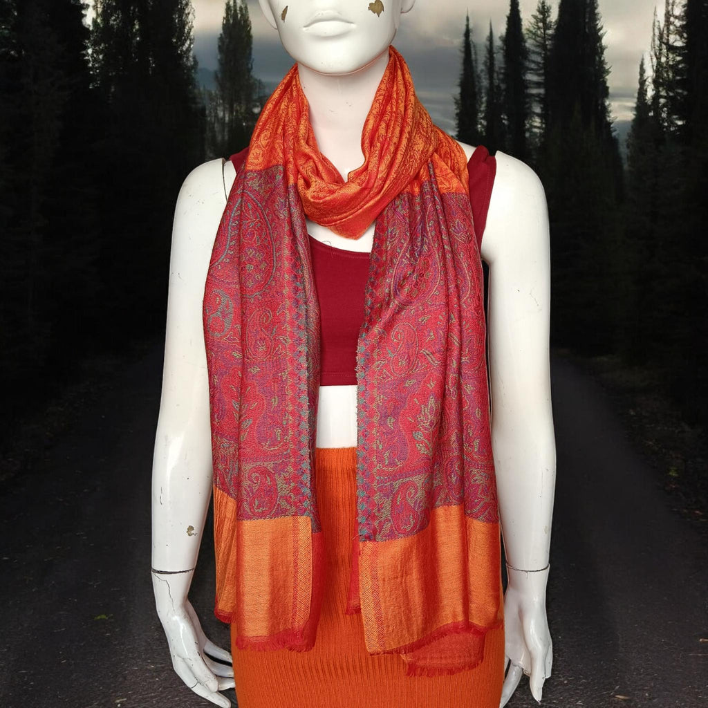 Orange Red Hand Embroidered Cashmere Pashmina Stoll/Shawl Winter Outfit Kashmiri Shawl Kashmiri Stole Soft Touch Lightweight Gift for her