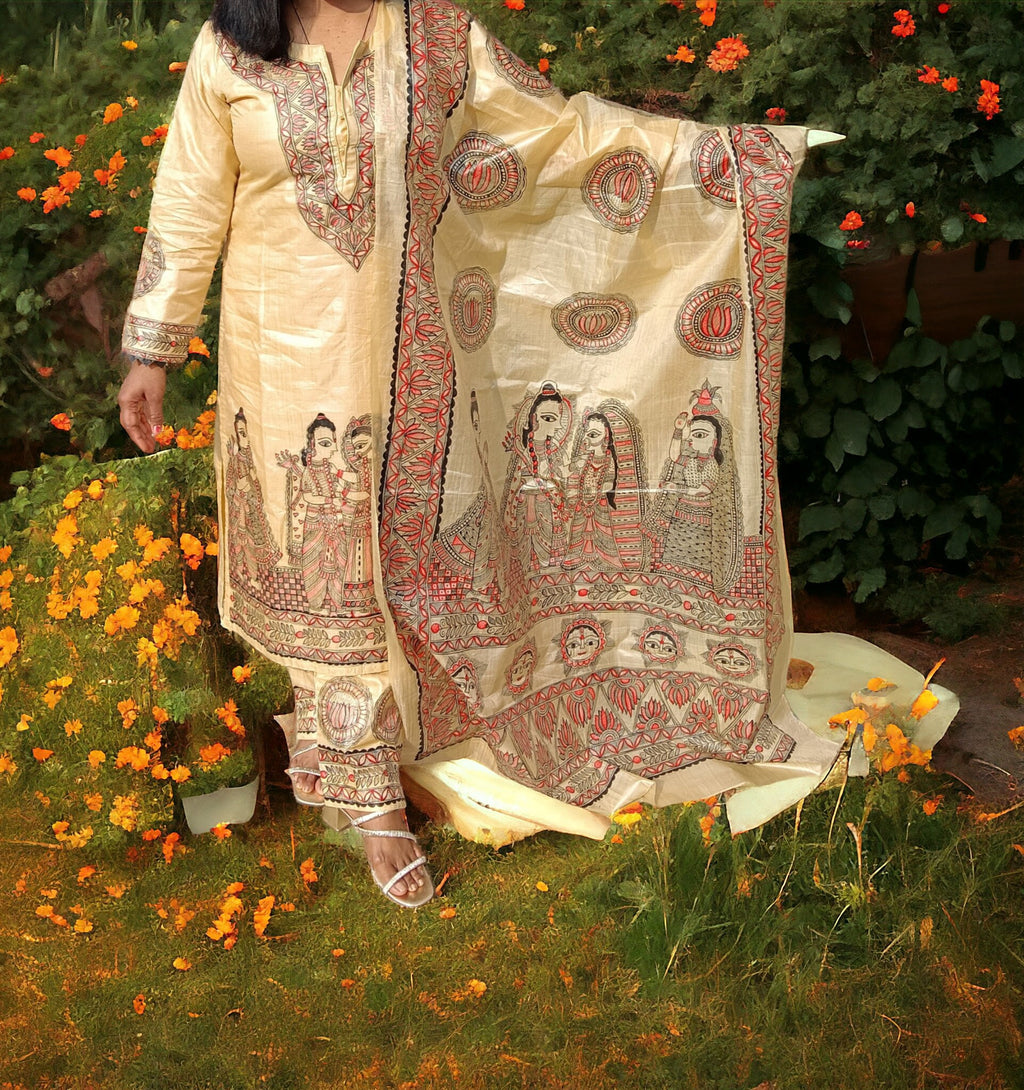 Set of 3 Beige Hand-Painted Ionic Shree Ram Sita Swayamvar Lotus Sun Design Kurta Pand Dupatta Madhubani Art Indian Attire Mithila Paint