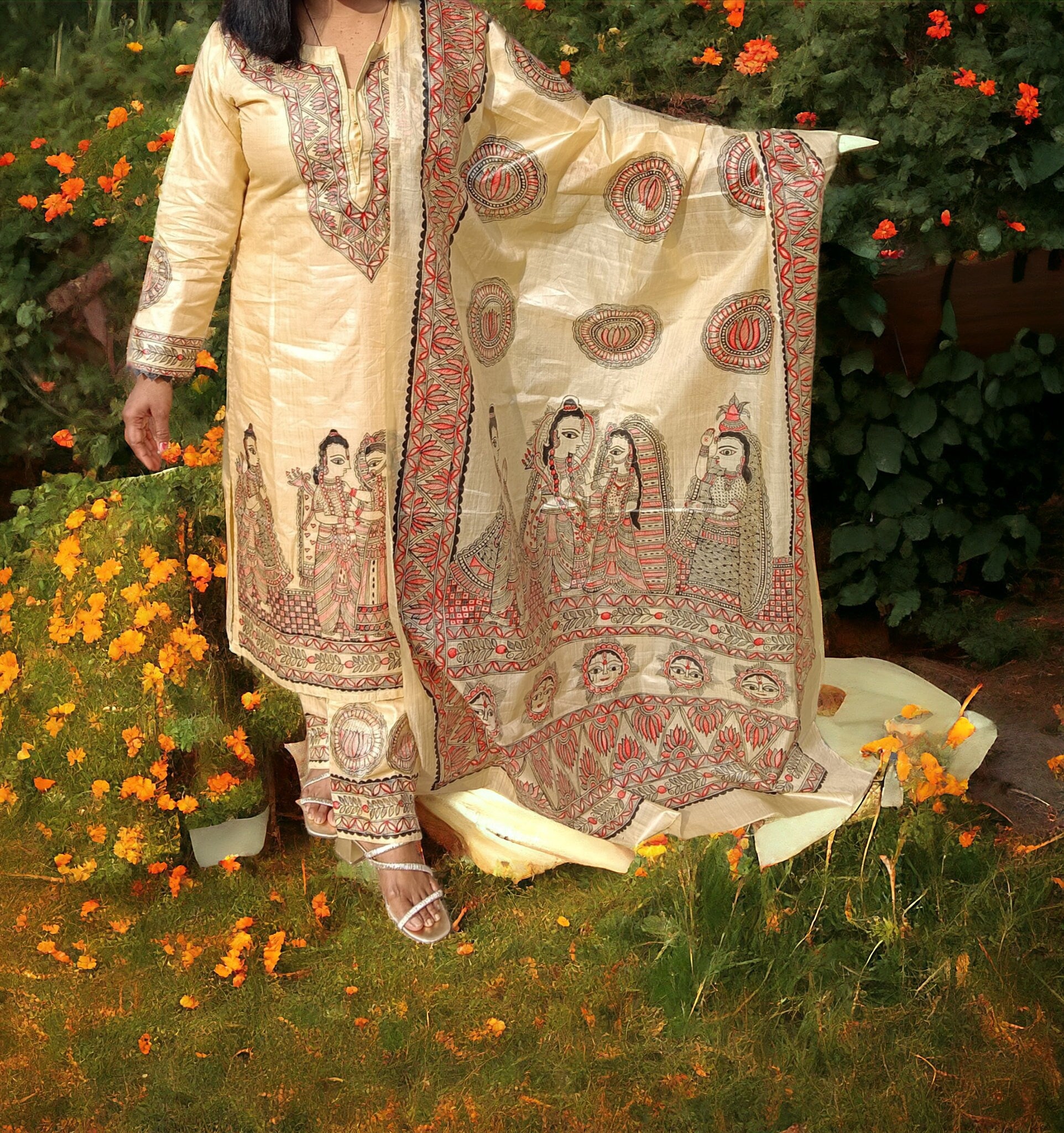 Set of 3 Beige Hand-Painted Ionic Shree Ram Sita Swayamvar Lotus Sun Design Kurta Pand Dupatta Madhubani Art Indian Attire Mithila Paint