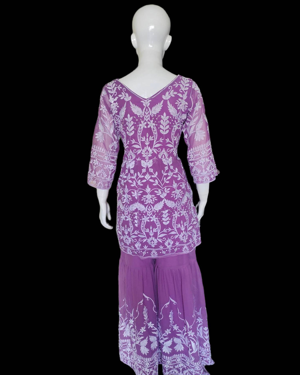 Lavender/Purple/Violet Pure Georgette Net Sharara Set White Silk Thread And Sequence Work Pearl Work With Net Lavender Dupatta Floral Design