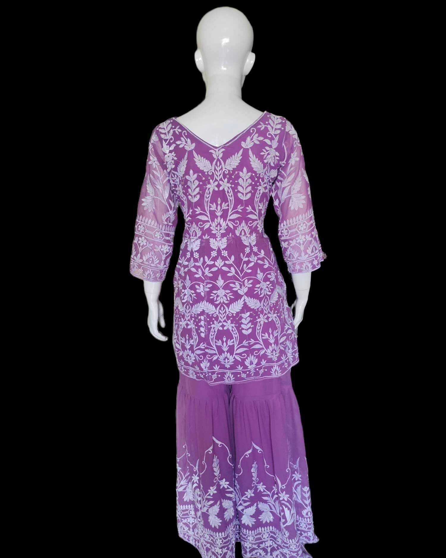 Lavender/Purple/Violet Pure Georgette Net Sharara Set White Silk Thread And Sequence Work Pearl Work With Net Lavender Dupatta Floral Design