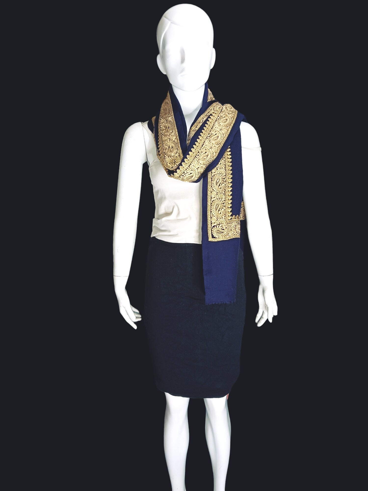 Blue 100% Cashmere Pashmina Luxurious Hand woven Zardozi Embroidered Shawl Scarf Travel Blanket Vintage Pure Cashmere Pure Pashmina