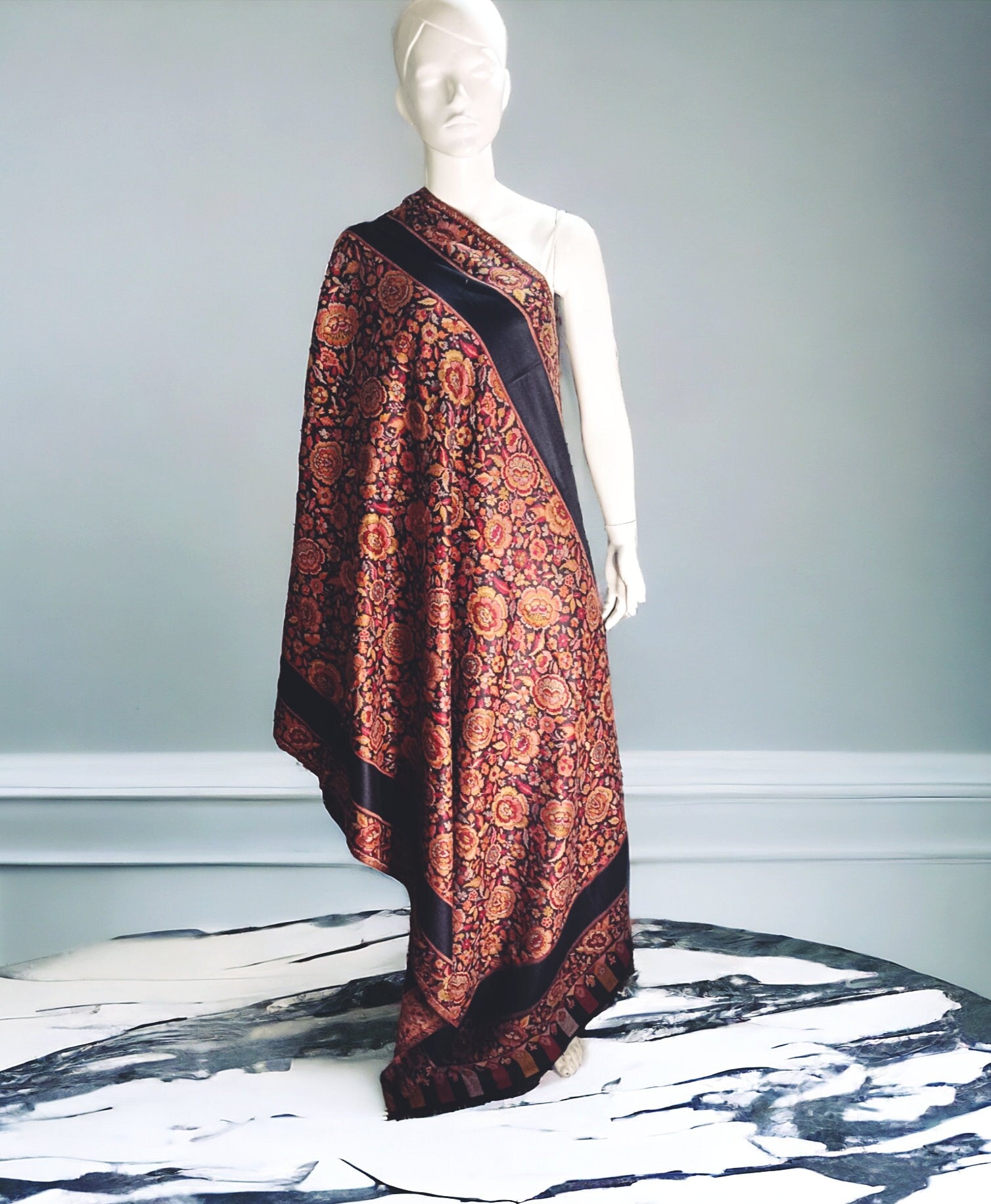 Black Red Floral Embroidered kashmiri Shawl Scarf Travel Blanket Vintage Winter Outfit Wedding Anniversary gift Neck Warmer Designer Shawl