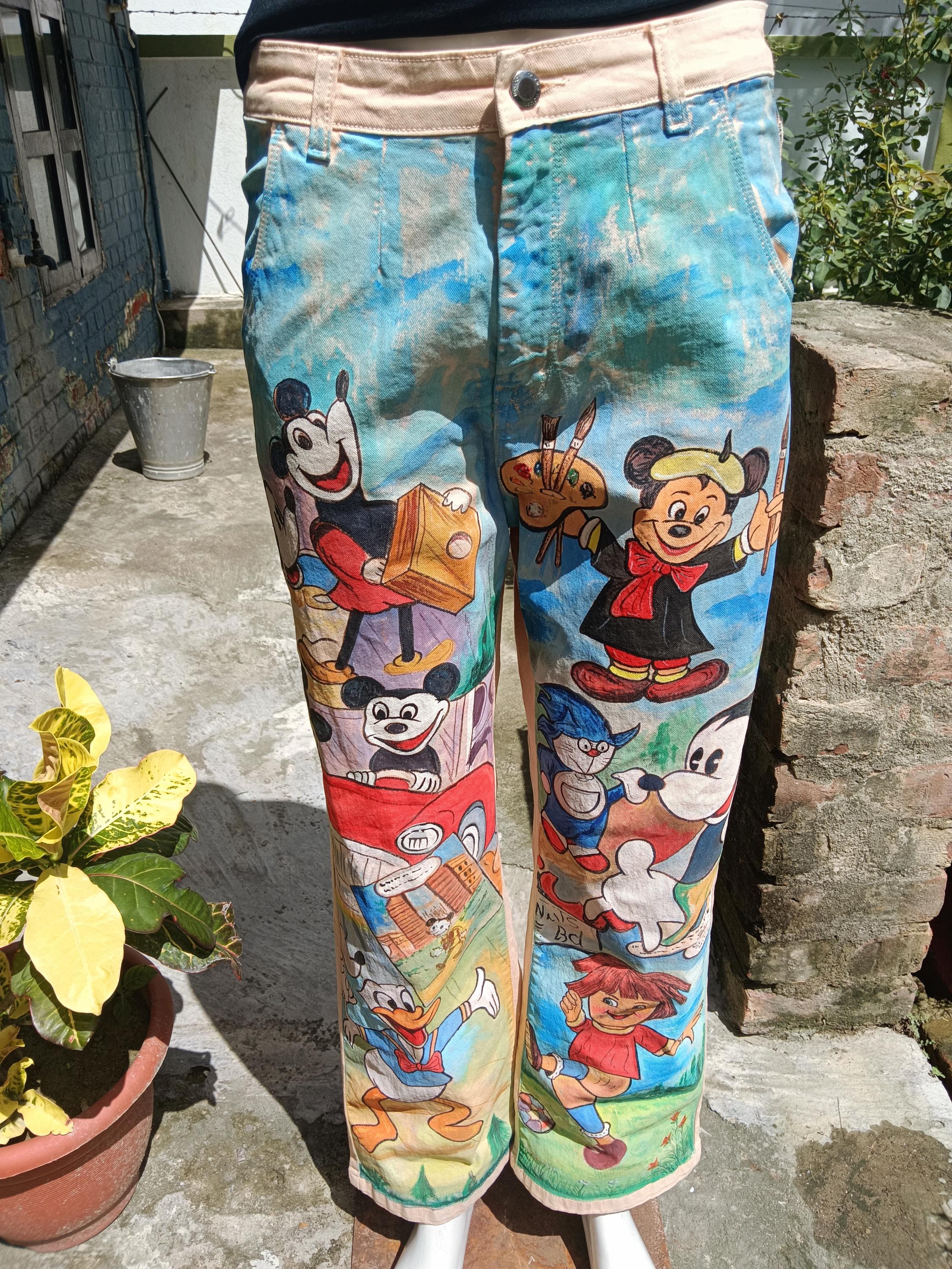 100% Pure Beige Denim Handpainted Fine Art Cartoon Characters Vintage Jeans Rare to Find Gift for them Go To Wear