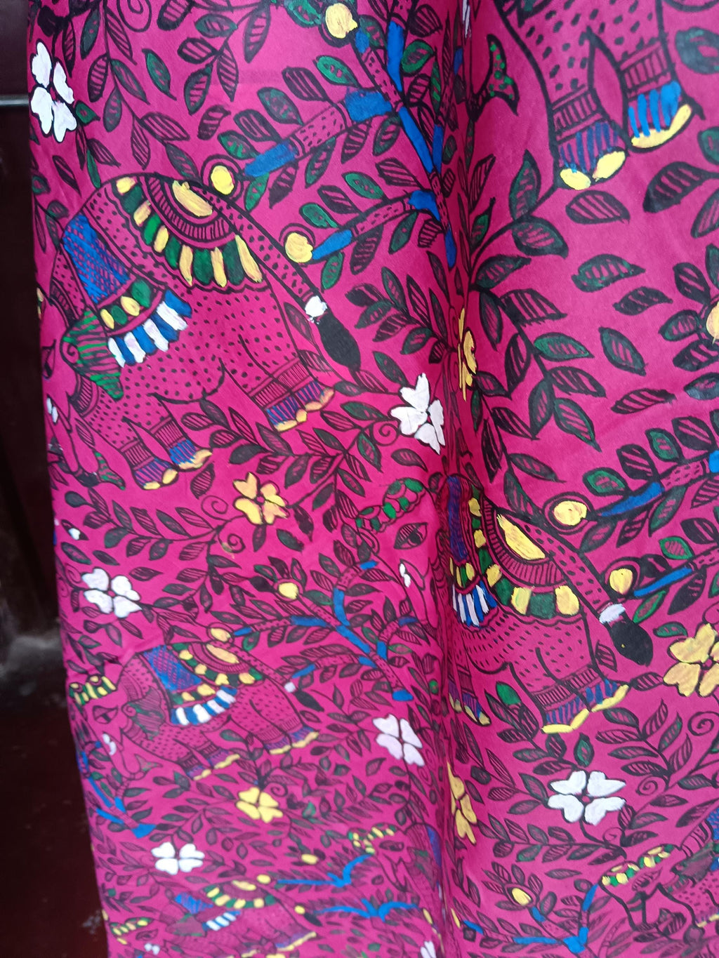 Dark Pink/Magenta Silk Hand-painted Madhubani Art Dupatta Featuring Peacock Elephant Fishes With Nature Forest Floral Designs Gift for her