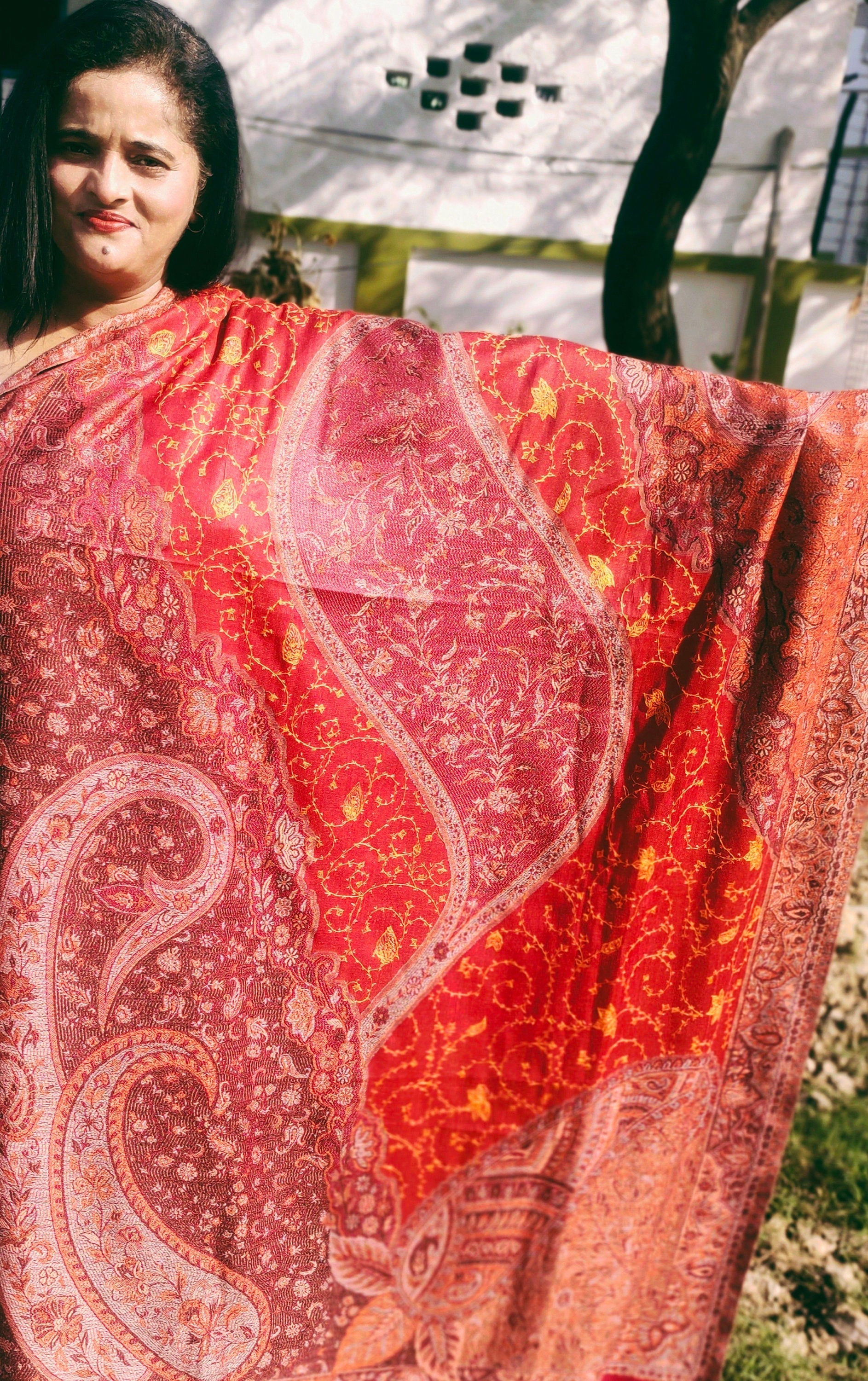 Red Beige Designer Cashmere Semi Pashmina Shawl Scraf Needle Embroidery 100% Cashmere Neck Warmer Blanket Scraf Lightweight Winter Cloth