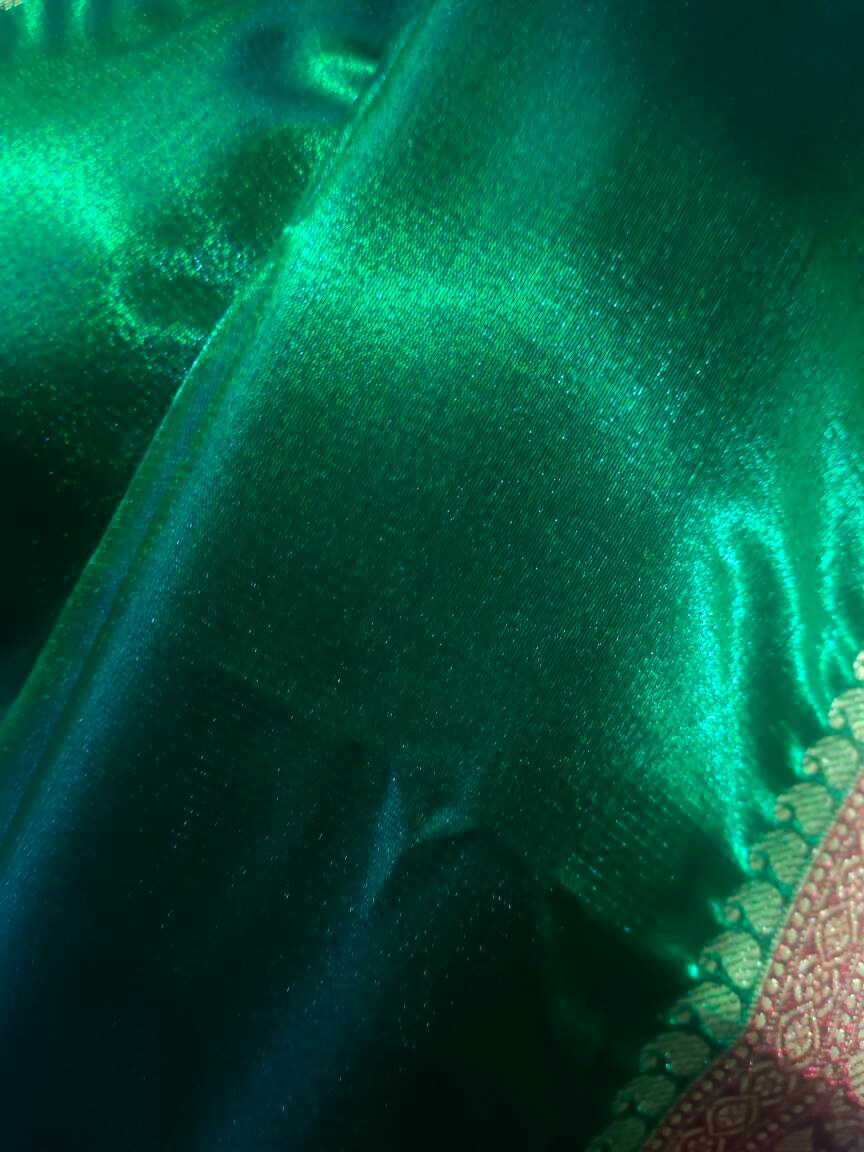 Dark green and Dark red satin silk saree with banarasi border and red unstiched blouse and green cotton peticoat Bollywood modern festivals