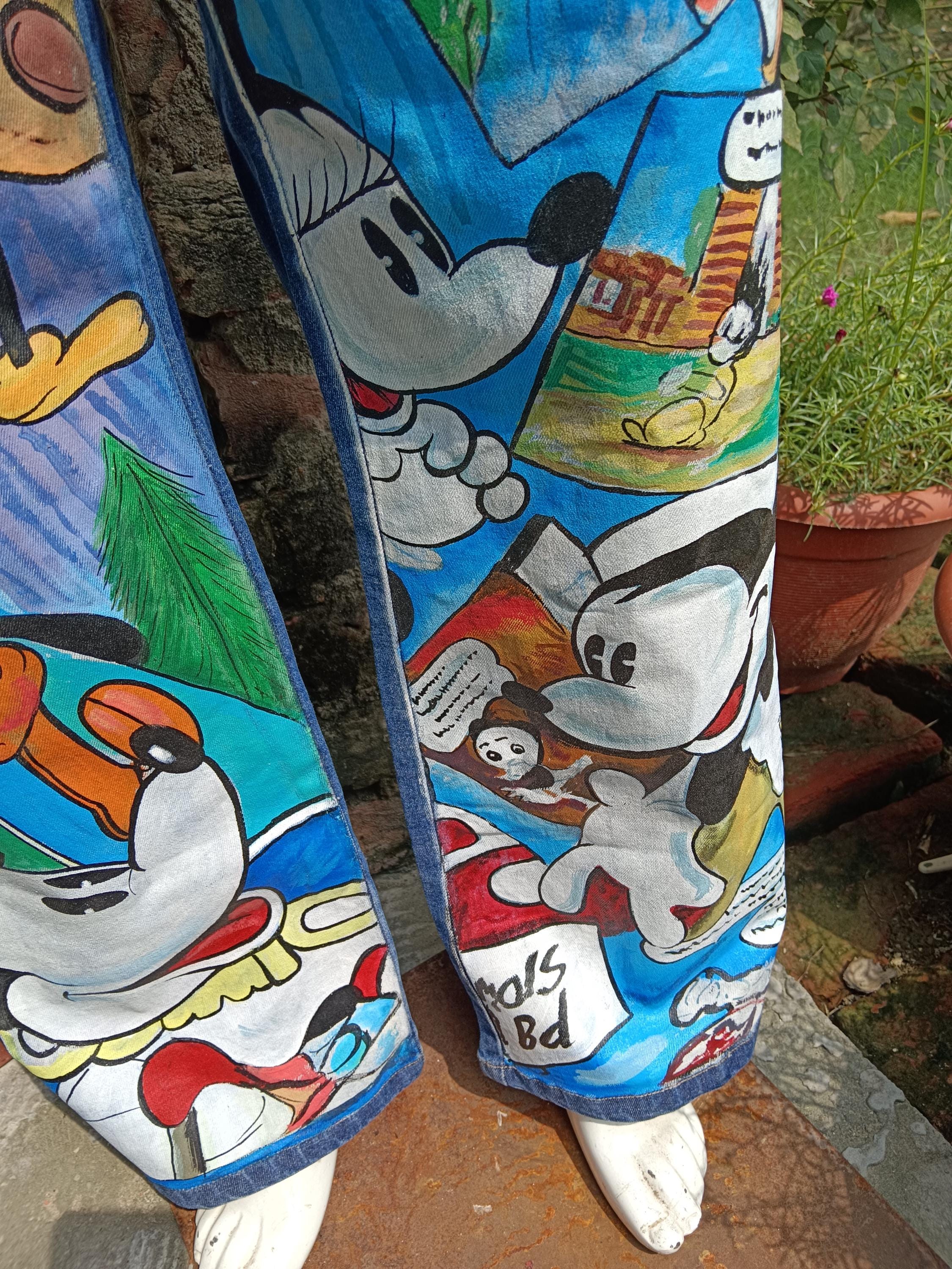 NEW Women's  Hand Painted Straight Leg Cotton Jeans Multicolor Denim Rare Vintage Look Blue Denim Jeans