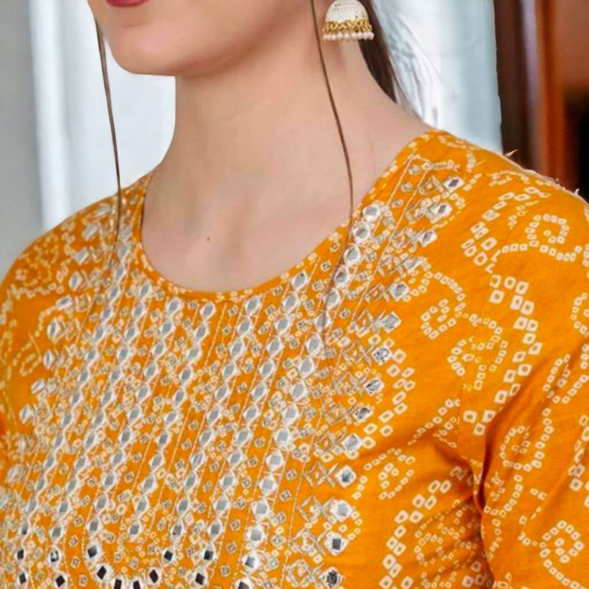 Yellow Orange Premium Printed Designer Anarkali Embroidered Woman Rayon Bandhej Kurta Pant And Beautiful Leheriya Dupatta Set