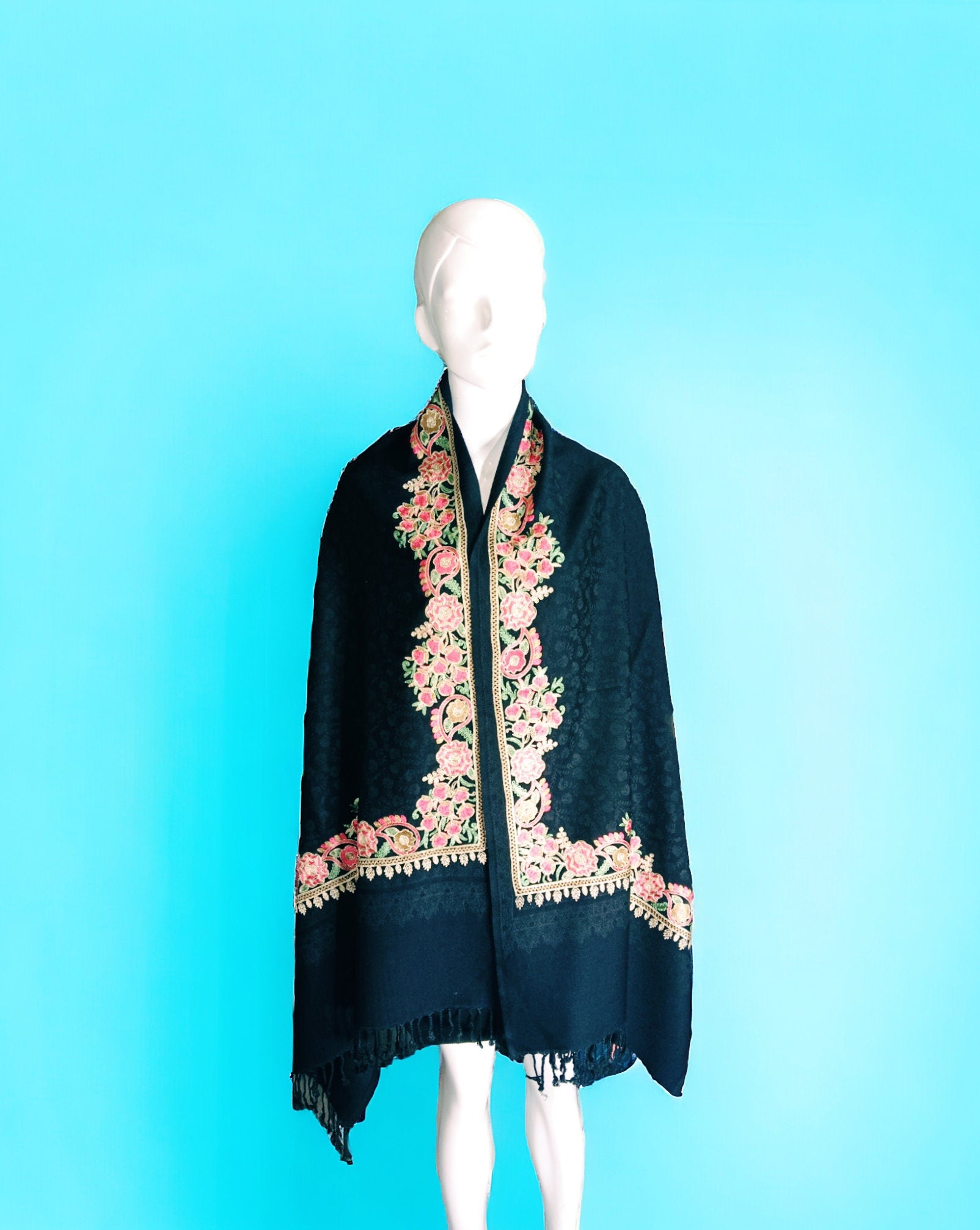 Black Floral Embroidered Kashmiri Shawl Scarf Vintage Neck Warmer Shoulder Warmer kashmiri Stole Bohemian Cottagecore Winter Outfit
