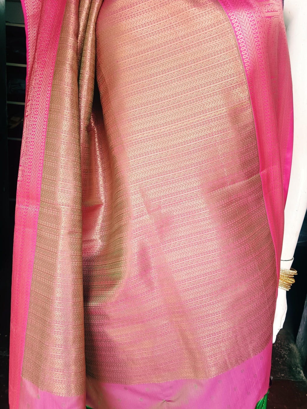 Pure Green Pink Mysore Silk Saree Zari border Unstitched Plain Pink Silk Blouse Piece Perfect for Wedding Festive Gift for her Indian