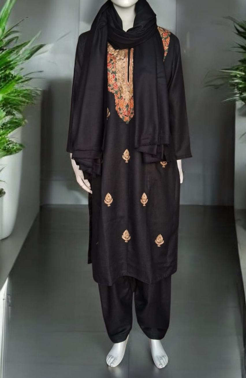 A Set of 3 Pieces Black Cashmere Floral Embroidered Salwar Black cashmere Semi Patiala Black Shawl Handcrafted Winter Outfit Stitched Suit