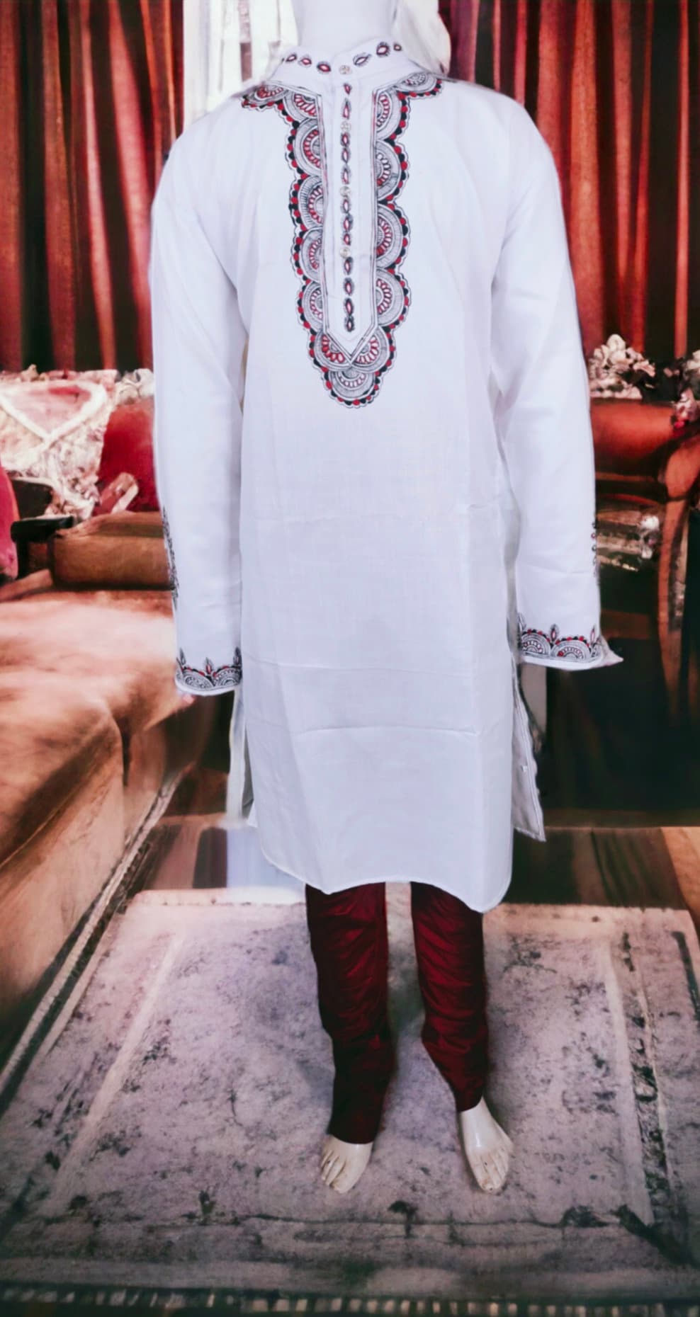 White Cotton Hand Painted Madhubani Art Kurta For Men Peacock Feature Art With Red Cotton Silk Pajama Madhubani Style Mithila Style Puja