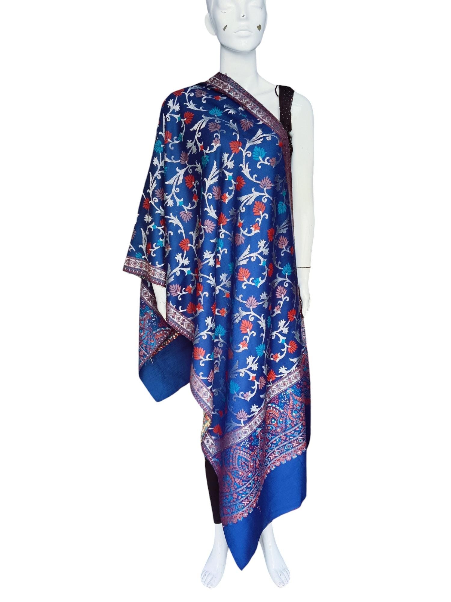 Blue Cashmere Pashmina Shawl Hand woven shawl scarf Lightweight Embroidered Soft Touch Neck Warmer Travel Blanket Shoulder Warmer Winter