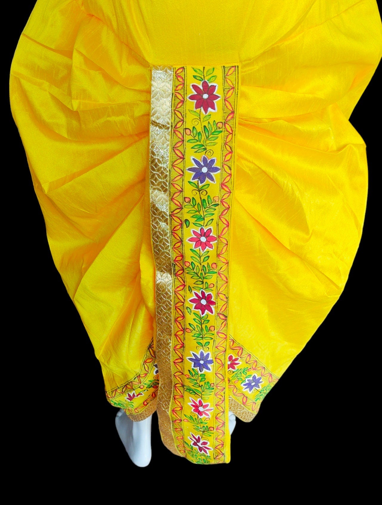 Yellow Silk Handmade Madhubani Mithila Painted Traditional Dhoti Kurta For Men Bohemian Look Stitched Elastic Dhoti Stitched Kurta Wedding