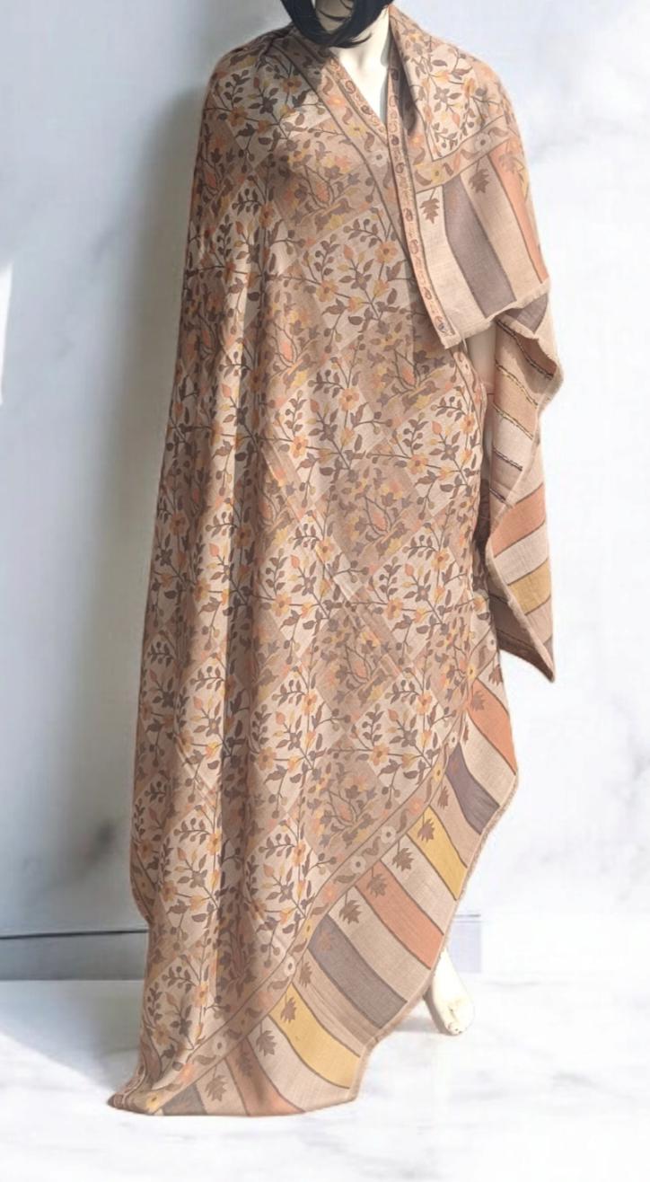 100% Pure Cashmere Pure Pashmina Beige Fully Embroidered Using Silk Thread Floral Pattern Hand Woven Hand Work Woollen Thread Pattern Shawl