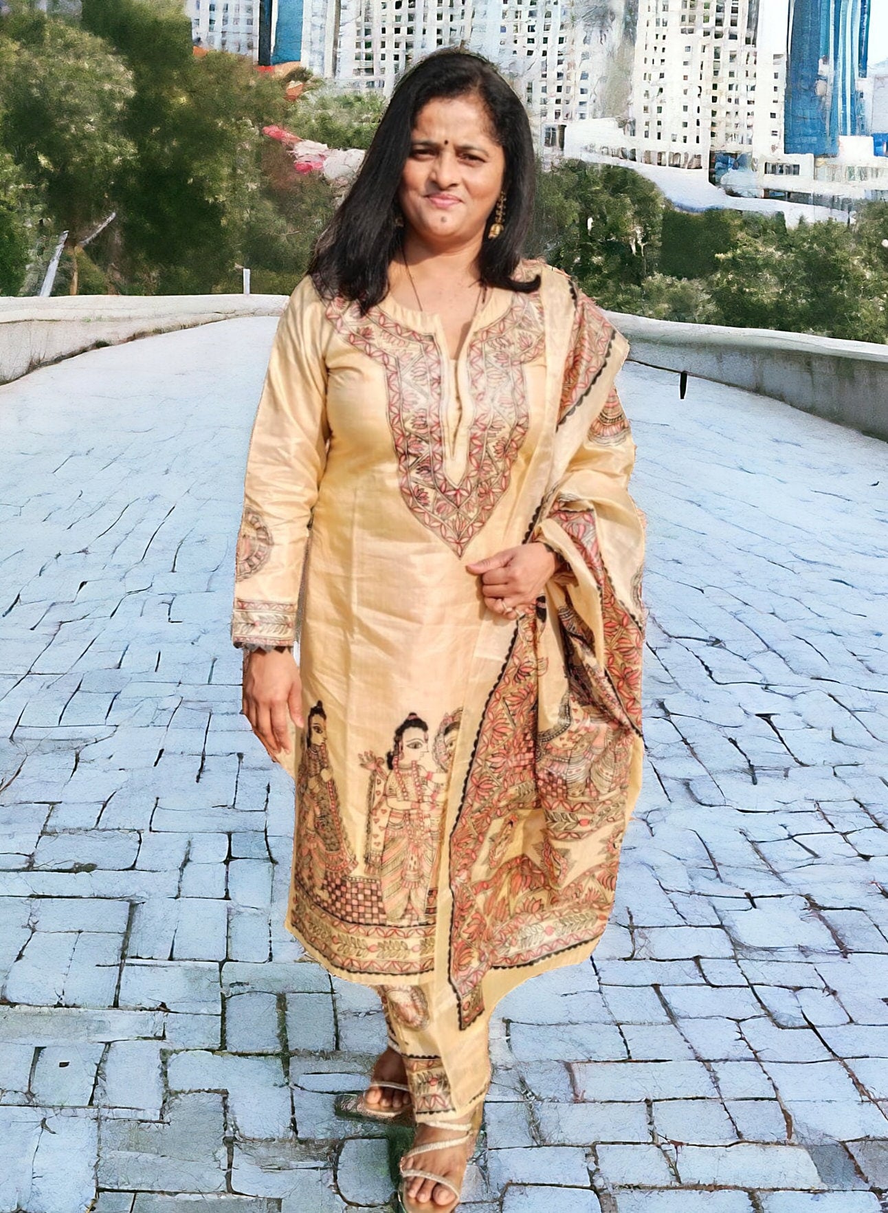 Set of 3 Beige Hand-Painted Ionic Shree Ram Sita Swayamvar Lotus Sun Design Kurta Pand Dupatta Madhubani Art Indian Attire Mithila Paint