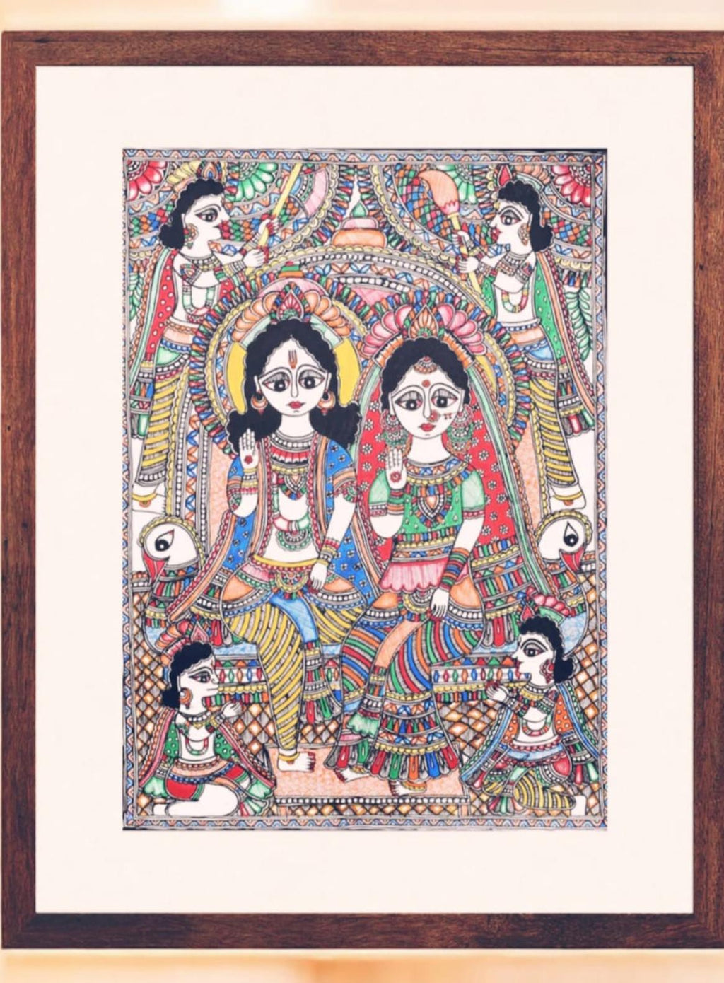 Mithila Madhubani Handpainted Wall Painting Wall Decor Featuring Ram Darbar Design With Brown Wooden Frame Canvas Painting Beautiful Paint