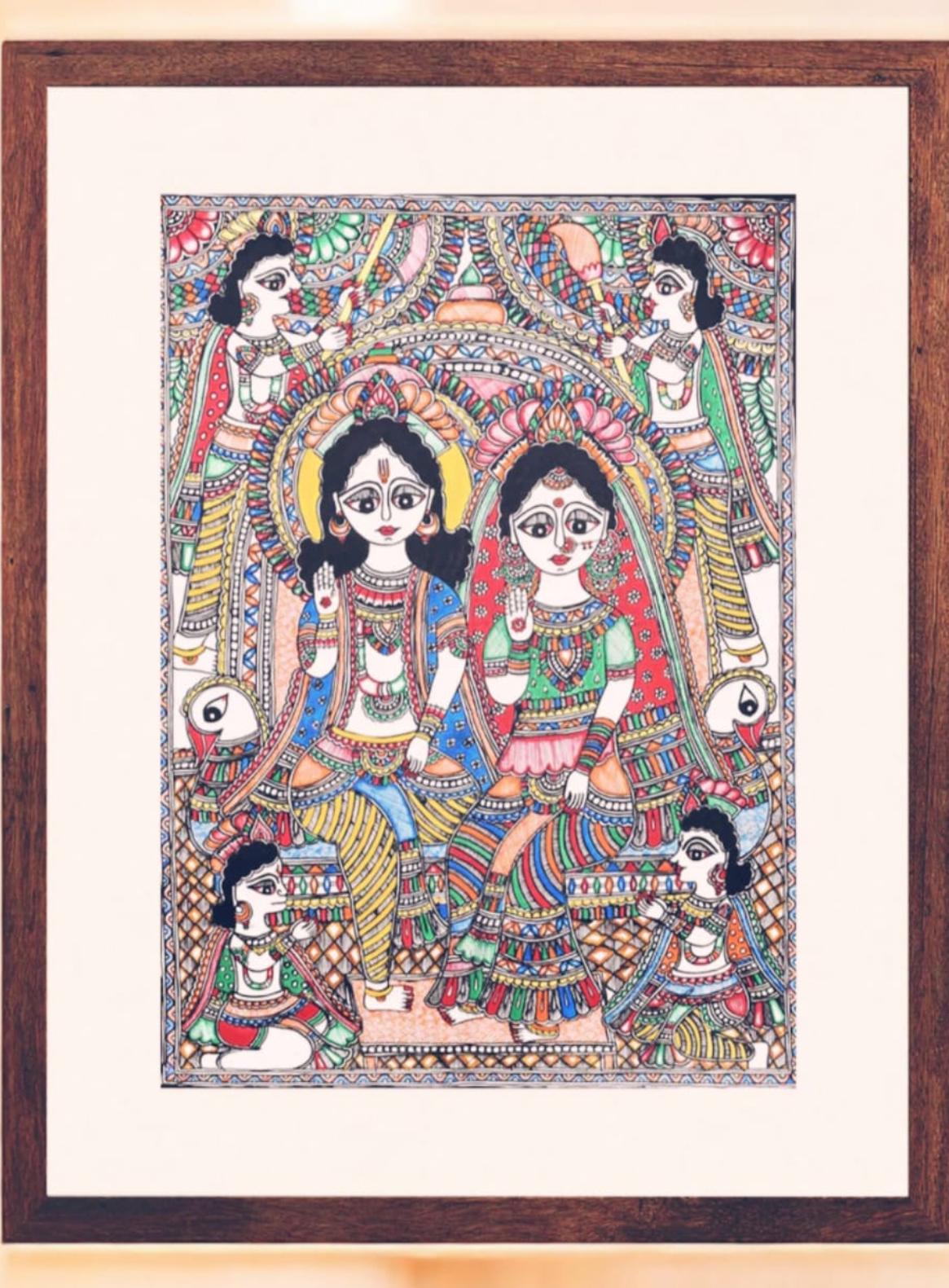 Mithila Madhubani Handpainted Wall Painting Wall Decor Featuring Ram Darbar Design With Brown Wooden Frame Canvas Painting Beautiful Paint