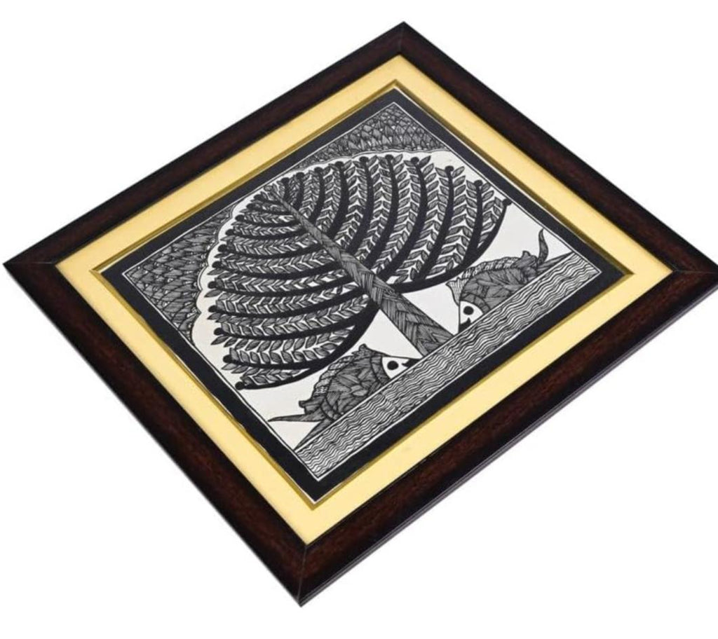 Mithila Madhubani Handpainted Black And White Wall Painting Wall Decor Featuring Nature Design Beige Brown Wooden Frame Canvas Paintaing