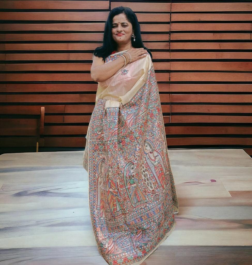 Pure Silk Hand-painted Multicolored Madhubani Painting Saree Featuring Iconic Shree Ram Sita Swayamvar Marriage Peacock Design Wedding Party